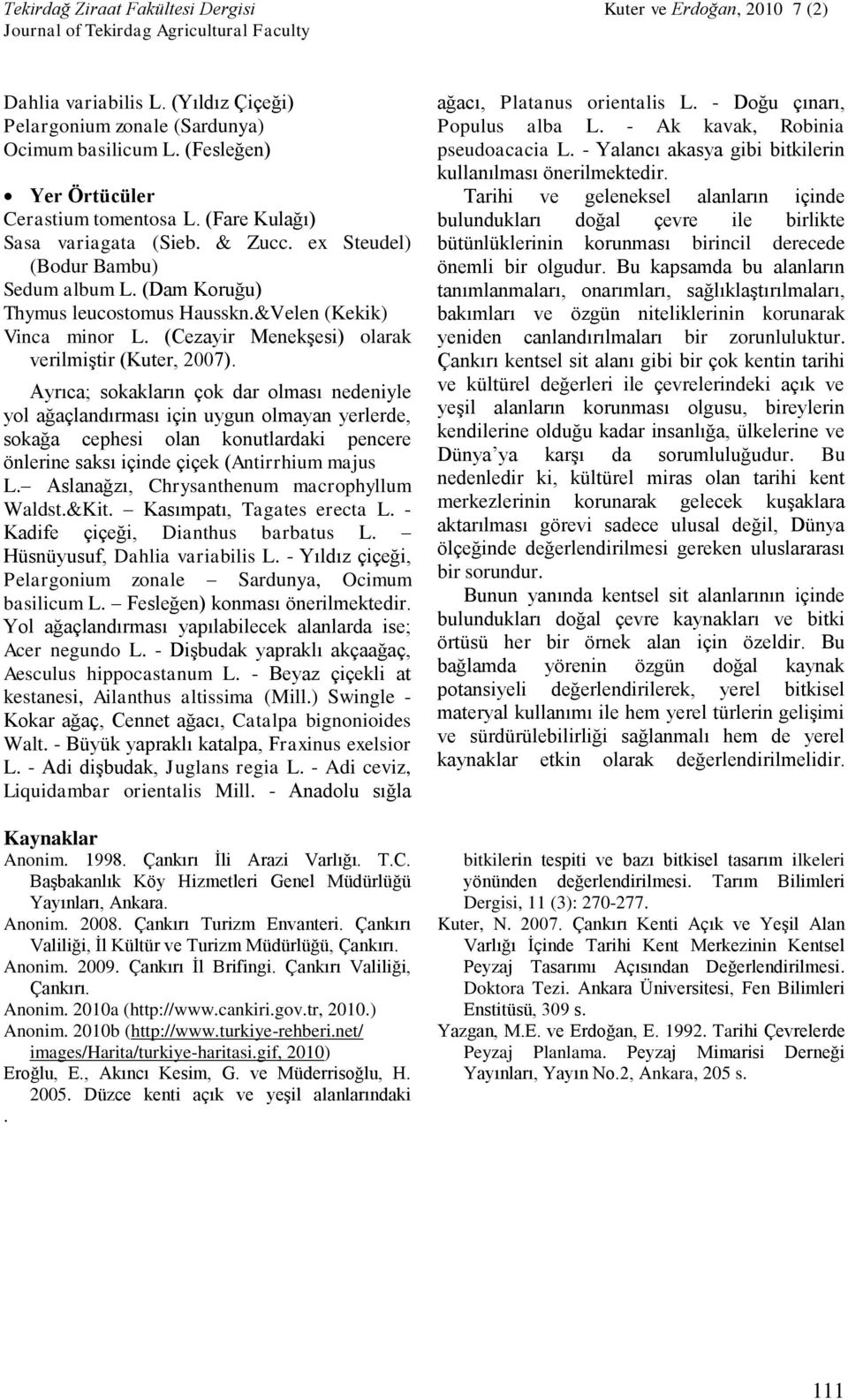 Ayrıca; sokakların çok dar olması nedeniyle yol ağaçlandırması için uygun olmayan yerlerde, sokağa cephesi olan konutlardaki pencere önlerine saksı içinde çiçek (Antirrhium majus L.