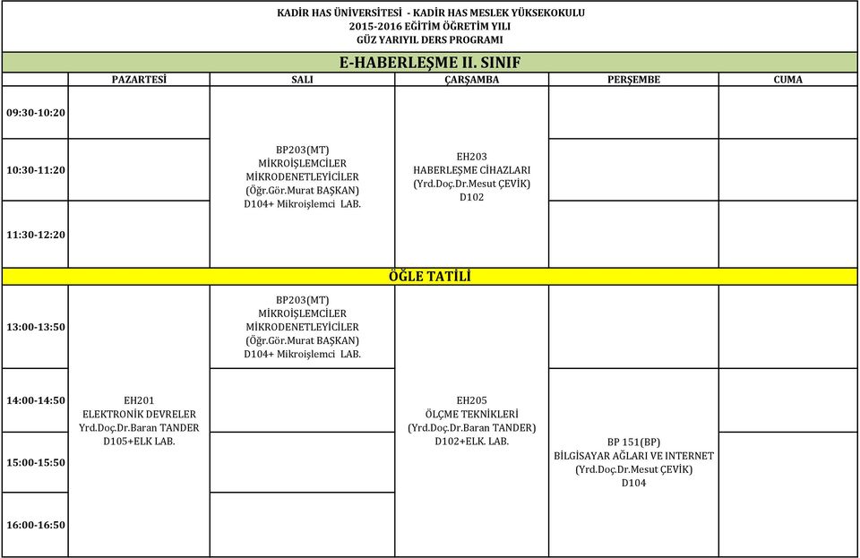 Murat BAŞKAN) D104+ Mikroişlemci LAB. EH201 ELEKTRONİK DEVRELER Yrd.Doç.Dr.Baran TANDER D105+ELK LAB.