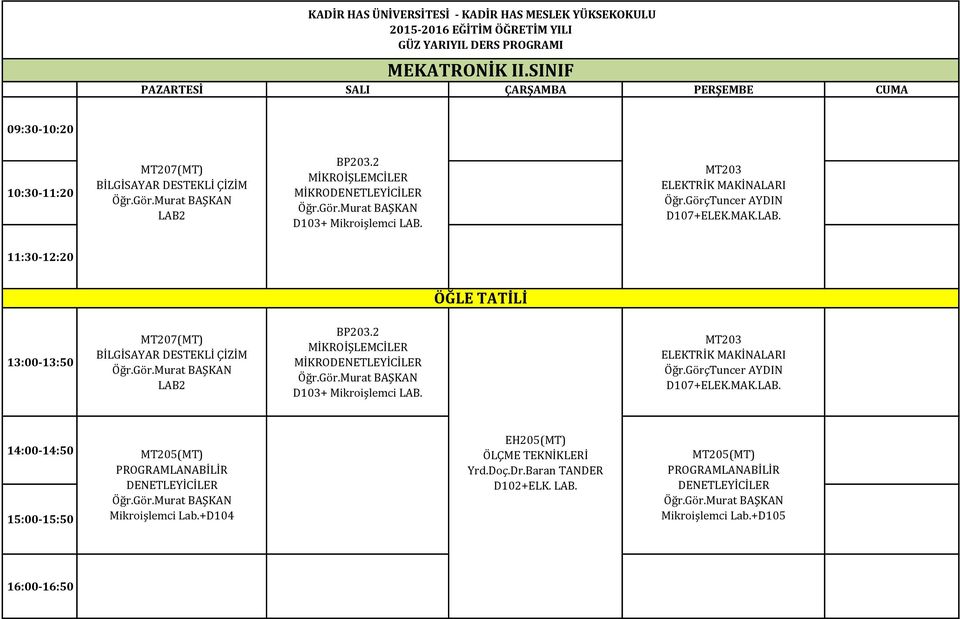 2 MİKROİŞLEMCİLER MİKRODENETLEYİCİLER Öğr.Gör.Murat BAŞKAN D103+ Mikroişlemci LAB. MT203 ELEKTRİK MAKİNALARI Öğr.GörçTuncer AYDIN D107+ELEK.MAK.LAB. MT205(MT) PROGRAMLANABİLİR DENETLEYİCİLER Öğr.