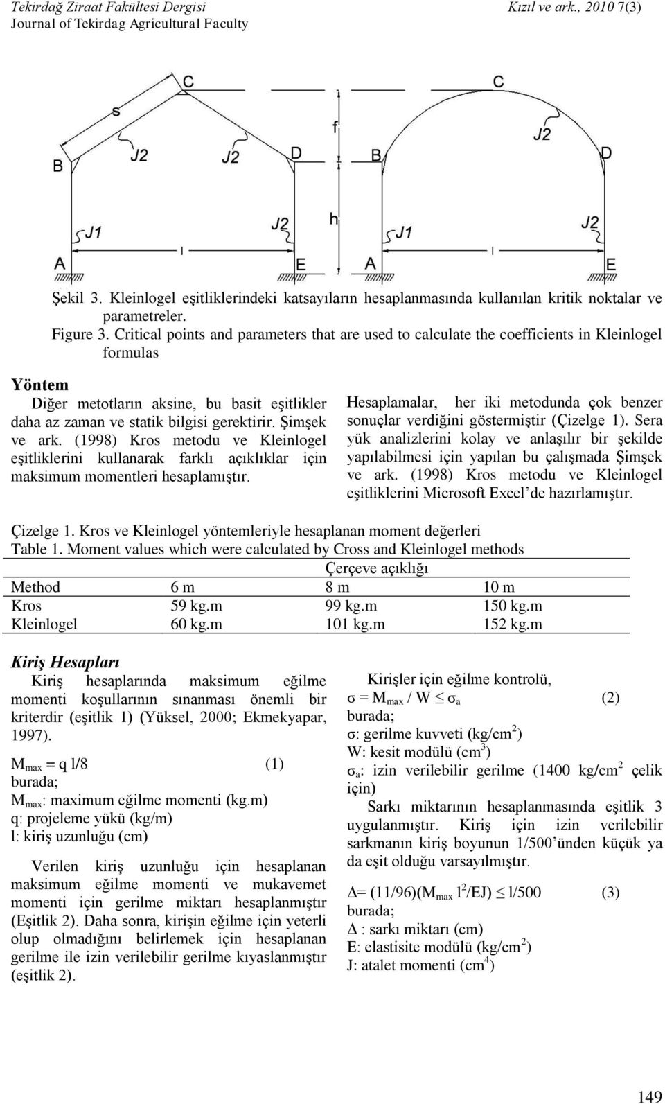 Şimşek ve ark. (1998) Kros metodu ve Kleinlogel eşitliklerini kullanarak farklı açıklıklar için maksimum momentleri hesaplamıştır.
