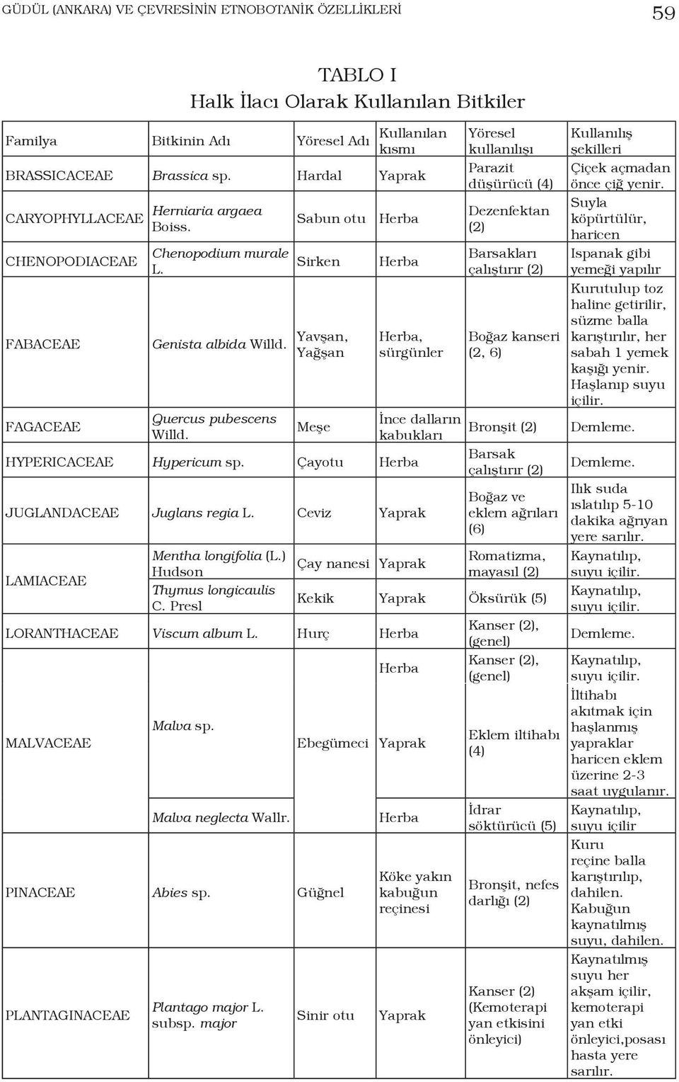 Sabun otu Sirken Yavşan, Yağşan Meşe, sürgünler İnce dalların kabukları HYPERICACEAE Hypericum sp. Çayotu JUGLANDACEAE Juglans regia L.