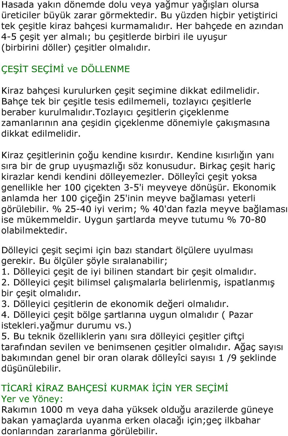 ÇEŞİT SEÇİMİ ve DÖLLENME Kiraz bahçesi kurulurken çeşit seçimine dikkat edilmelidir. Bahçe tek bir çeşitle tesis edilmemeli, tozlayıcı çeşitlerle beraber kurulmalıdır.