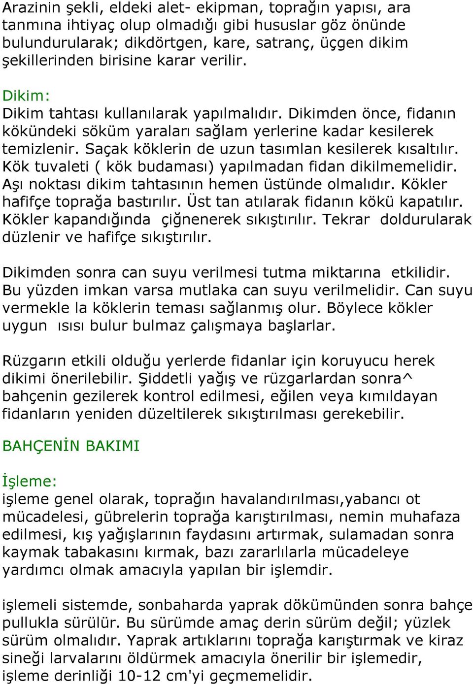 Saçak köklerin de uzun tasımlan kesilerek kısaltılır. Kök tuvaleti ( kök budaması) yapılmadan fidan dikilmemelidir. Aşı noktası dikim tahtasının hemen üstünde olmalıdır.