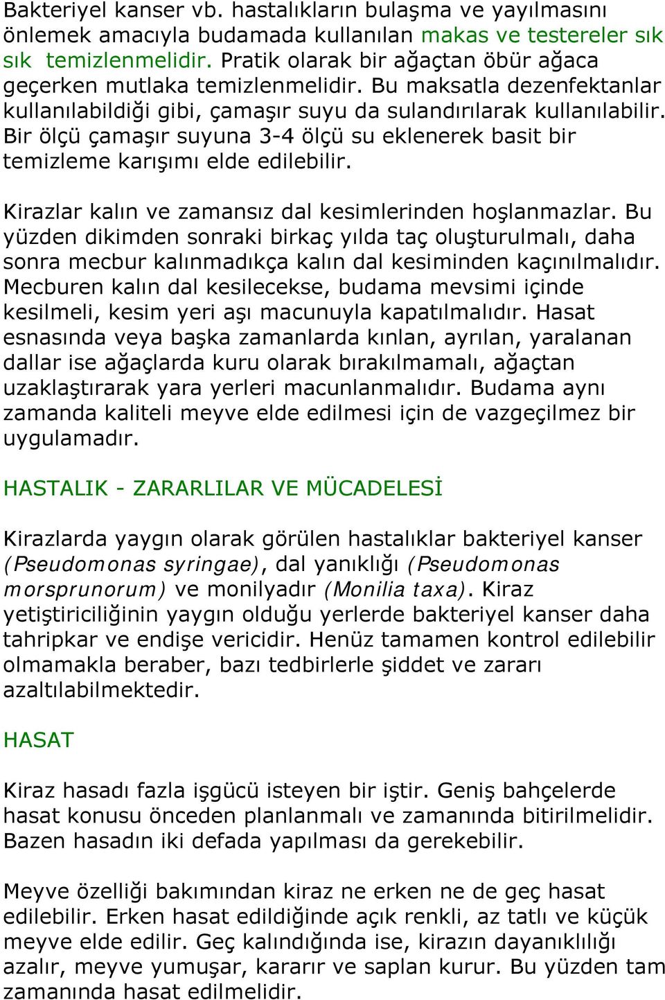 Bir ölçü çamaşır suyuna 3-4 ölçü su eklenerek basit bir temizleme karışımı elde edilebilir. Kirazlar kalın ve zamansız dal kesimlerinden hoşlanmazlar.