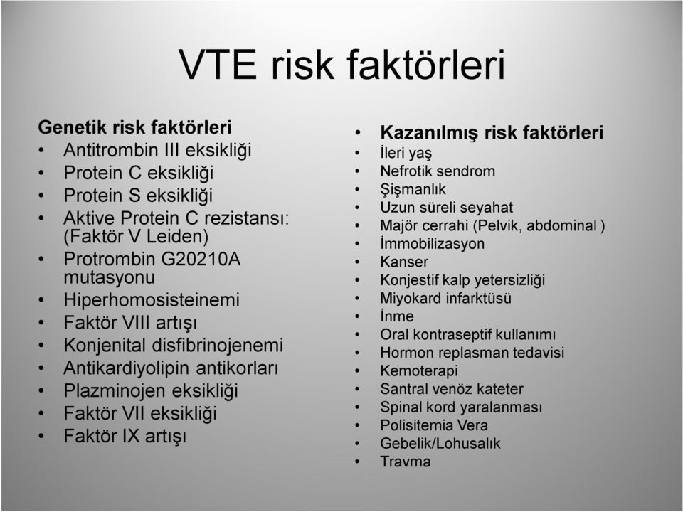 artışı Kazanılmış risk faktörleri İleri yaş Nefrotik sendrom Şişmanlık Uzun süreli seyahat Majör cerrahi (Pelvik, abdominal ) İmmobilizasyon Kanser Konjestif kalp