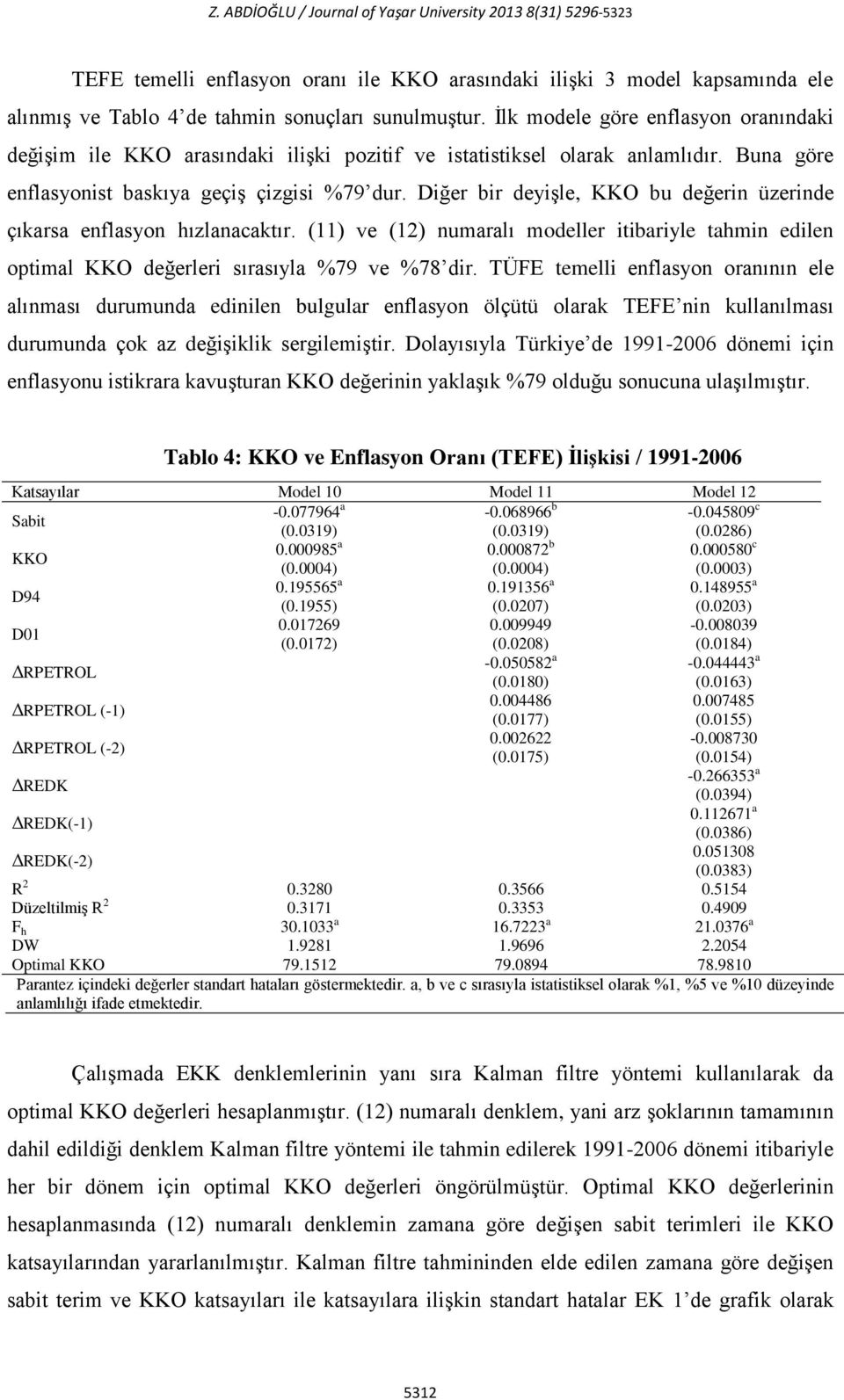 Diğer bir deyişle, KKO bu değerin üzerinde çıkarsa enflasyon hızlanacaktır. (11) ve (12) numaralı modeller itibariyle tahmin edilen optimal KKO değerleri sırasıyla %79 ve %78 dir.