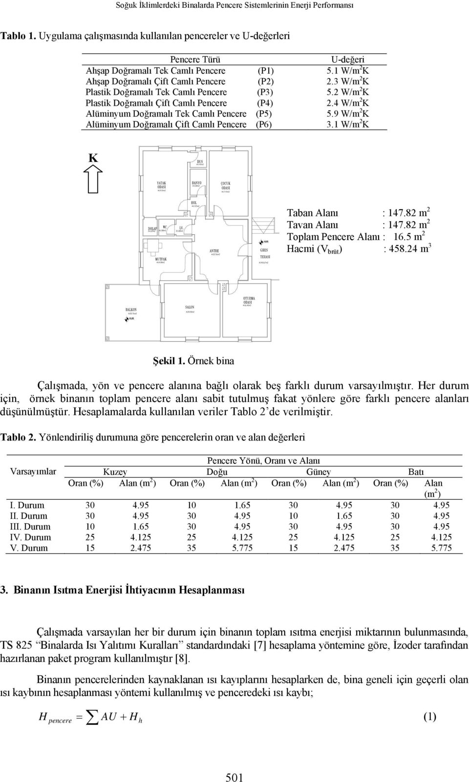 1 W/m 2 K K +. Taban Alanı : 147.82 m 2 Tavan Alanı : 147.82 m 2 Toplam Pencere Alanı : 16.5 m 2 Hacmi (V brüt ) : 458.24 m 3 +. Şekil 1.