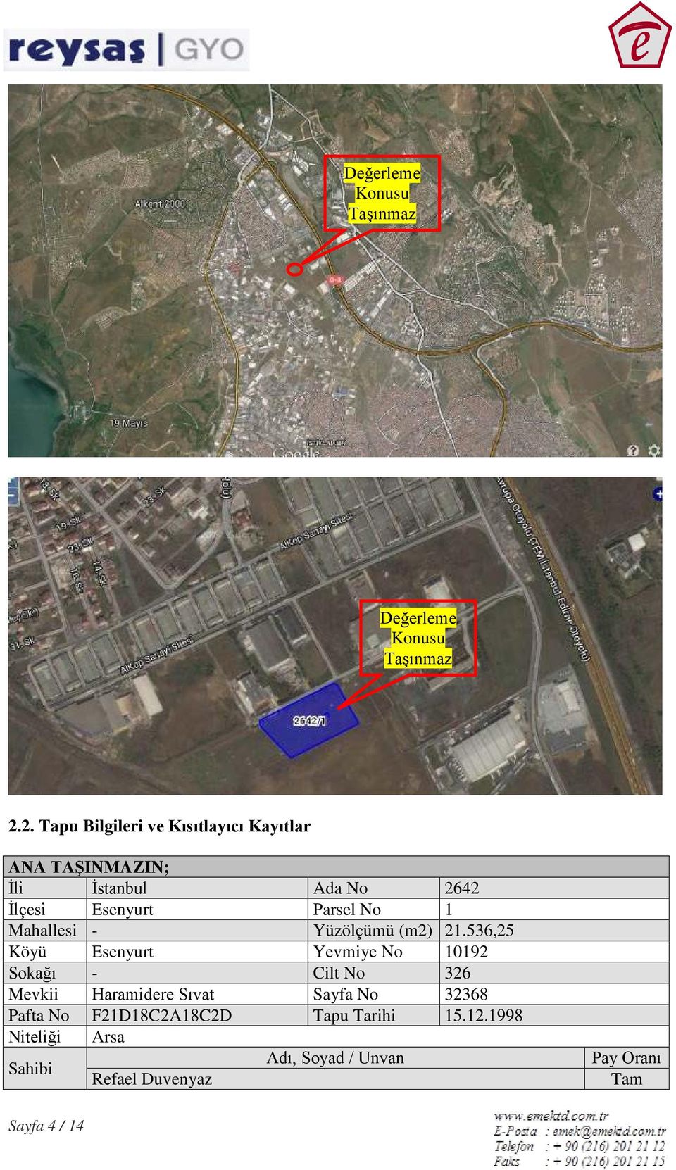 No 1 Mahallesi - Yüzölçümü (m2) 21.