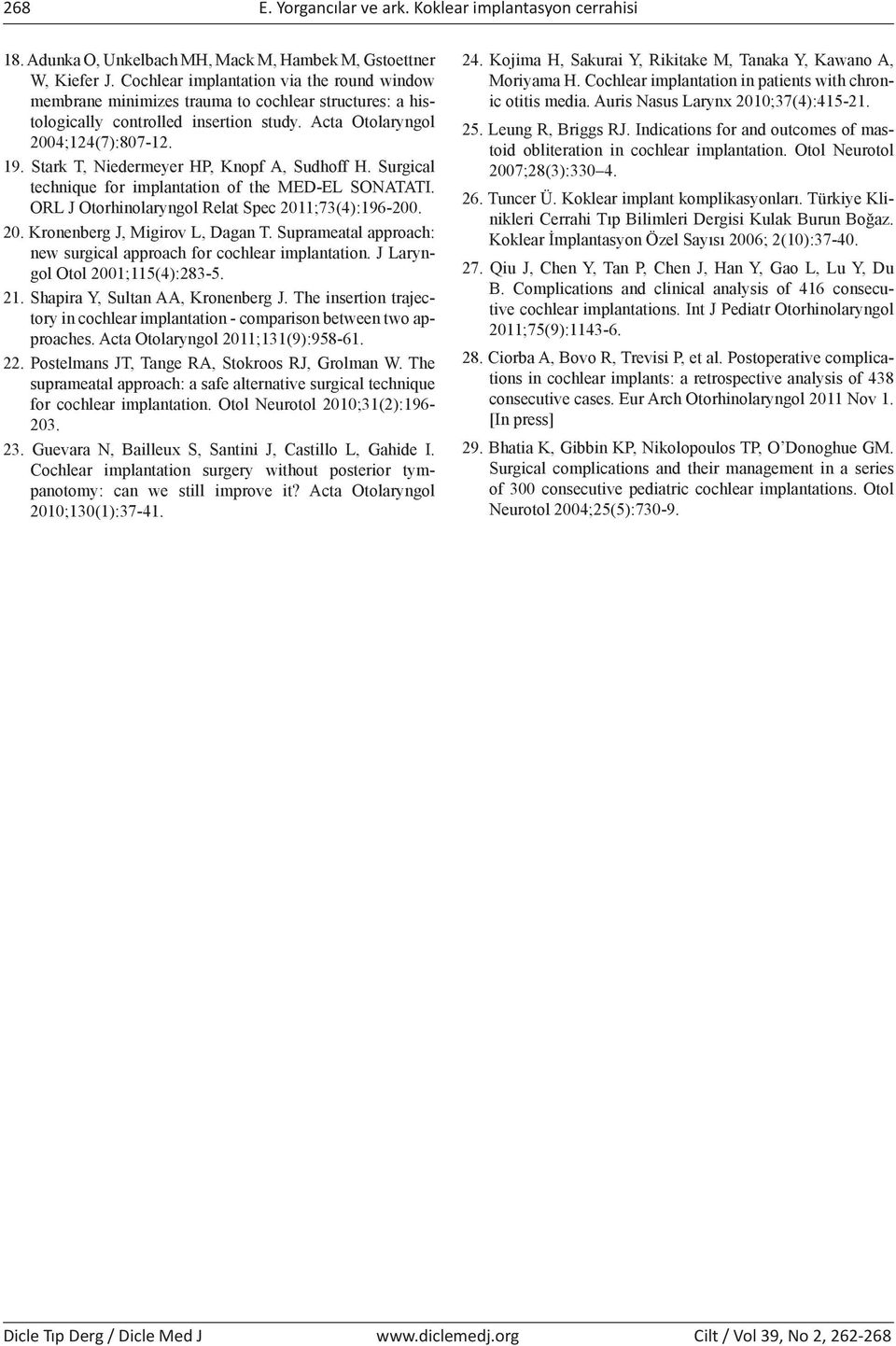 Stark T, Niedermeyer HP, Knopf A, Sudhoff H. Surgical technique for implantation of the MED-EL SONATATI. ORL J Otorhinolaryngol Relat Spec 2011;73(4):196-200. 20. Kronenberg J, Migirov L, Dagan T.