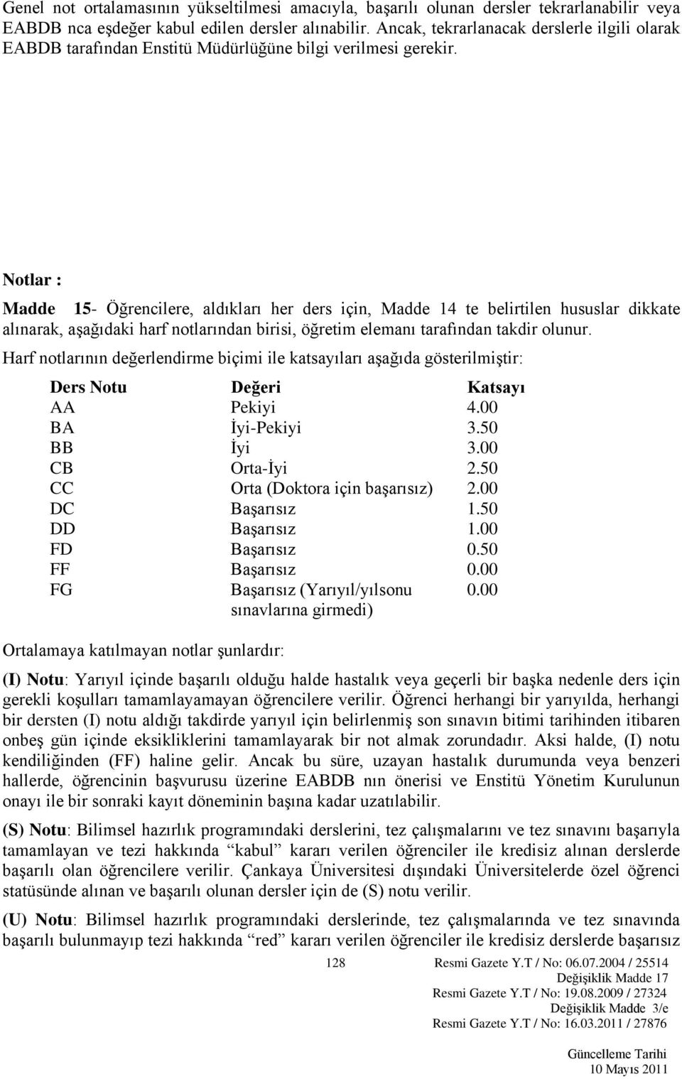 Notlar : Madde 15- Öğrencilere, aldıkları her ders için, Madde 14 te belirtilen hususlar dikkate alınarak, aşağıdaki harf notlarından birisi, öğretim elemanı tarafından takdir olunur.