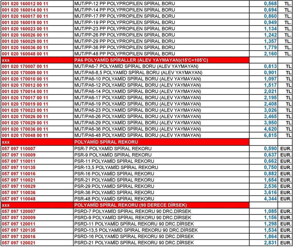 001 020 160023 00 11 MUT/PP-23 PP POLYPROPILEN SPİRAL BORU 1,134 TL. 001 020 160026 00 11 MUT/PP-26 PP POLYPROPILEN SPİRAL BORU 1,242 TL.