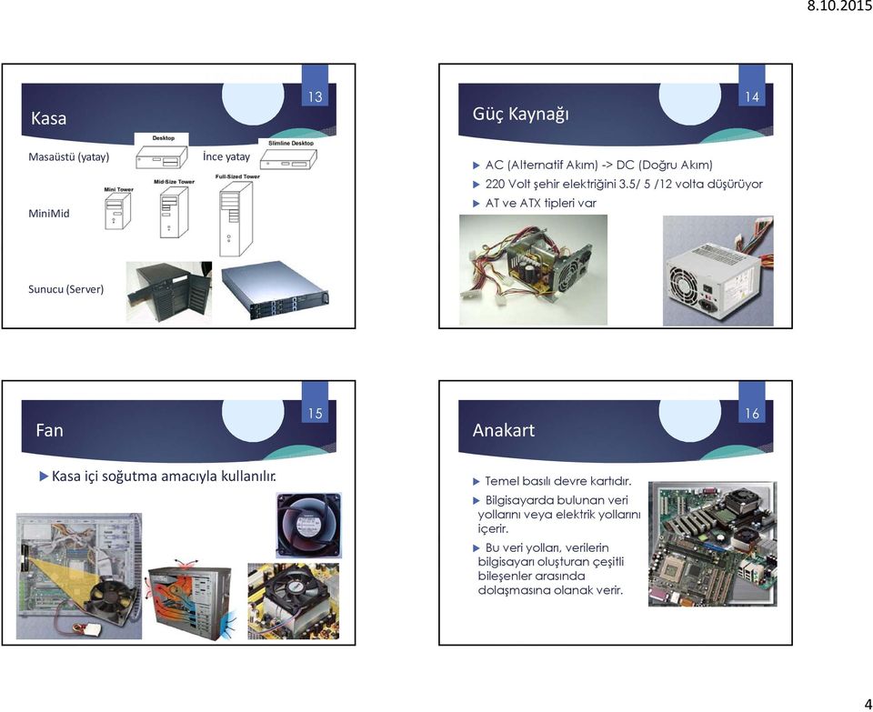 5/ 5 /12 volta düşürüyor AT ve ATX tipleri var Sunucu (Server) Fan 15 Anakart 16 Kasa içi soğutma amacıyla
