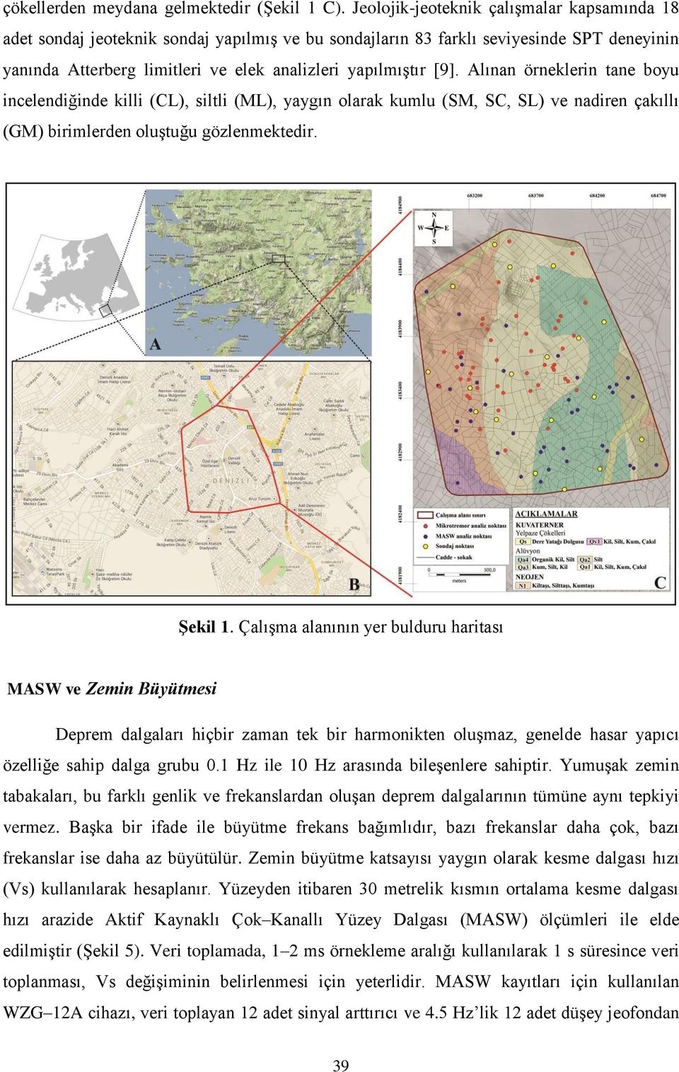 Alınan örneklerin tane boyu incelendiğinde killi (CL), siltli (ML), yaygın olarak kumlu (SM, SC, SL) ve nadiren çakıllı (GM) birimlerden oluştuğu gözlenmektedir. Şekil 1.