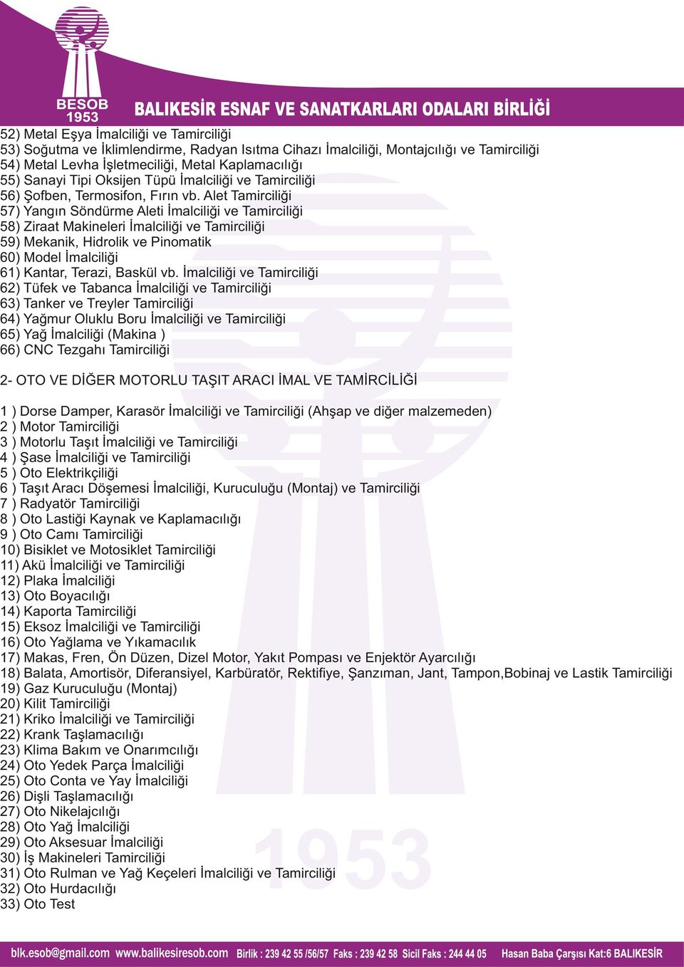 Alet Tamirciliği 57) Yangın Söndürme Aleti İmalciliği ve Tamirciliği 58) Ziraat Makineleri İmalciliği ve Tamirciliği 59) Mekanik, Hidrolik ve Pinomatik 60) Model İmalciliği 61) Kantar, Terazi, Baskül