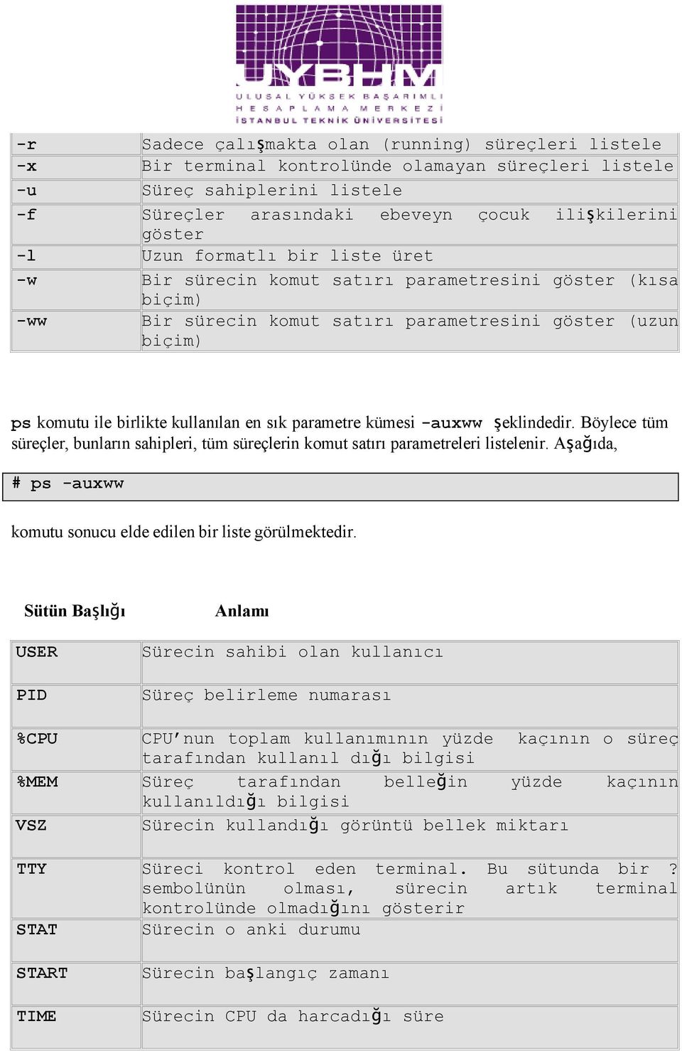 parametre kümesi -auxww ş eklindedir. Böylece tüm süreçler, bunların sahipleri, tüm süreçlerin komut satırı parametreleri listelenir.