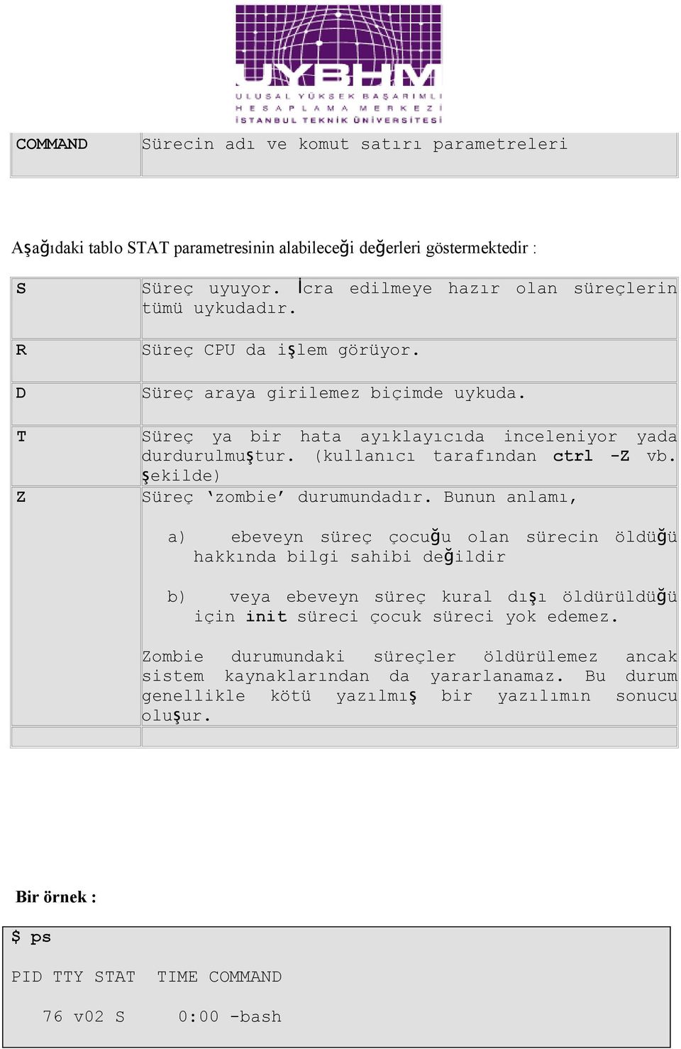 (kullanıcı tarafından ctrl -Z vb. şekilde) Süreç zombie durumundadır.