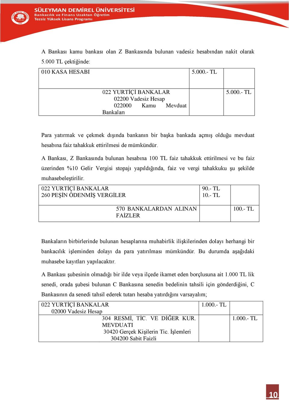 A Bankası, Z Bankasında bulunan hesabına 100 TL faiz tahakkuk ettirilmesi ve bu faiz üzerinden %10 Gelir Vergisi stopajı yapıldığında, faiz ve vergi tahakkuku şu şekilde muhasebeleştirilir.