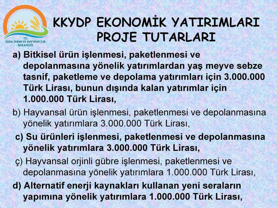 000.000 Türk Lirası, c) Su ürünleri işlenmesi, paketlenmesi ve depolanmasına yönelik yatırımlara 3.000.000 Türk Lirası, ç) Hayvansal orjinli gübre işlenmesi, paketlenmesi ve depolanmasına yönelik yatırımlara 1.