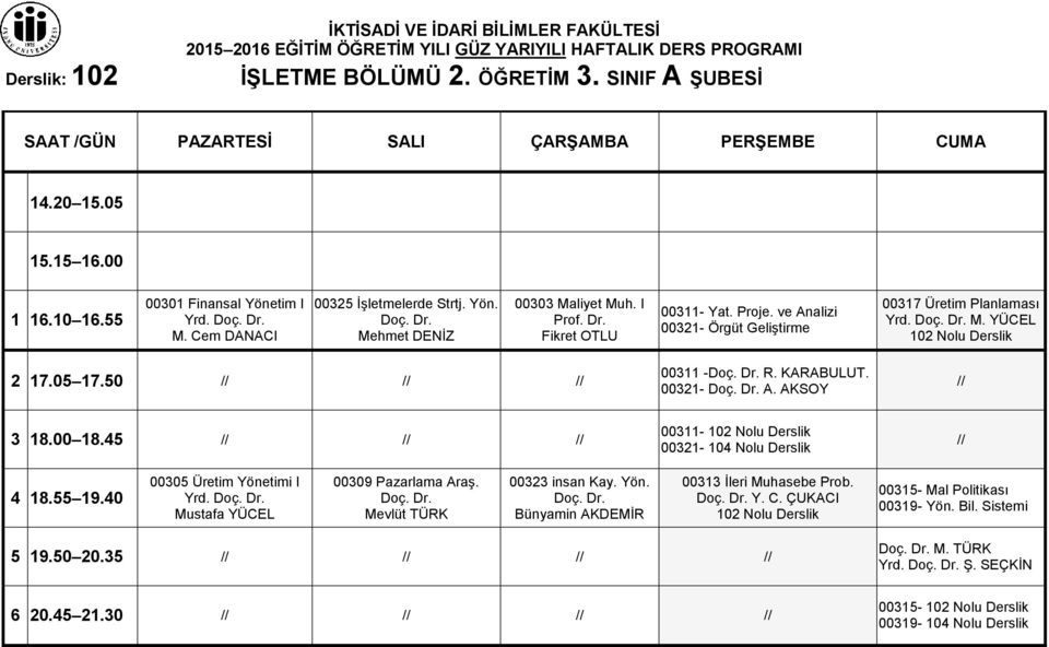 45 00311-102 Nolu Derslik 00321-104 Nolu Derslik 4 18.55 19.40 00305 Üretim Yönetimi I Yrd. Mustafa YÜCEL 00309 Pazarlama Araş. Mevlüt TÜRK 00323 insan Kay. Yön. Bünyamin AKDEMİR 00313 İleri Muhasebe Prob.