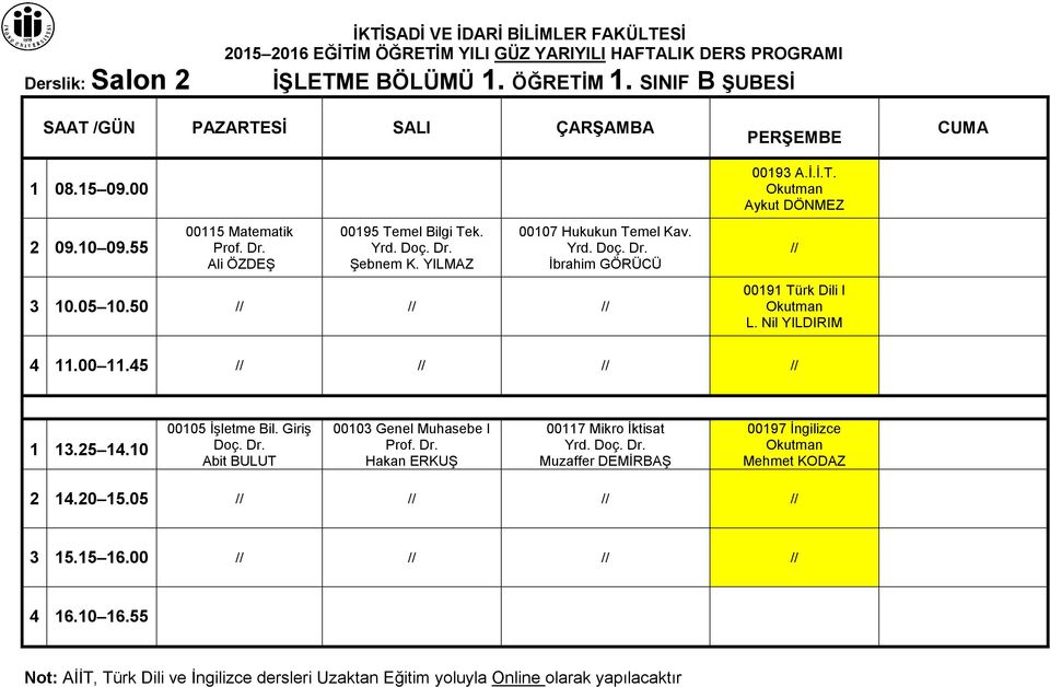 Nil YILDIRIM CUMA 4 11.00 11.45 1 13.25 14.10 00105 İşletme Bil. Giriş Abit BULUT 00103 Genel Muhasebe I Hakan ERKUŞ 00117 Mikro İktisat Yrd.