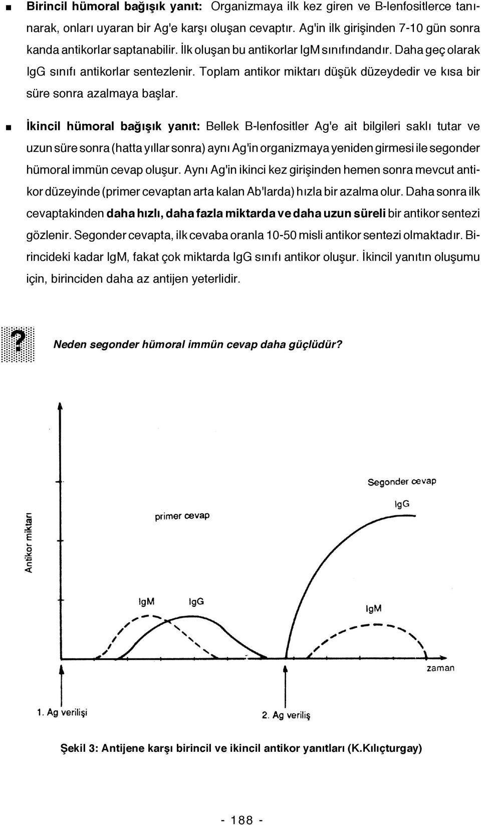 İkincil hümoral bağışık yanıt: Bellek B-lenfositler Ag'e ait bilgileri saklı tutar ve uzun süre sonra (hatta yıllar sonra) aynı Ag'in organizmaya yeniden girmesi ile segonder hümoral immün cevap