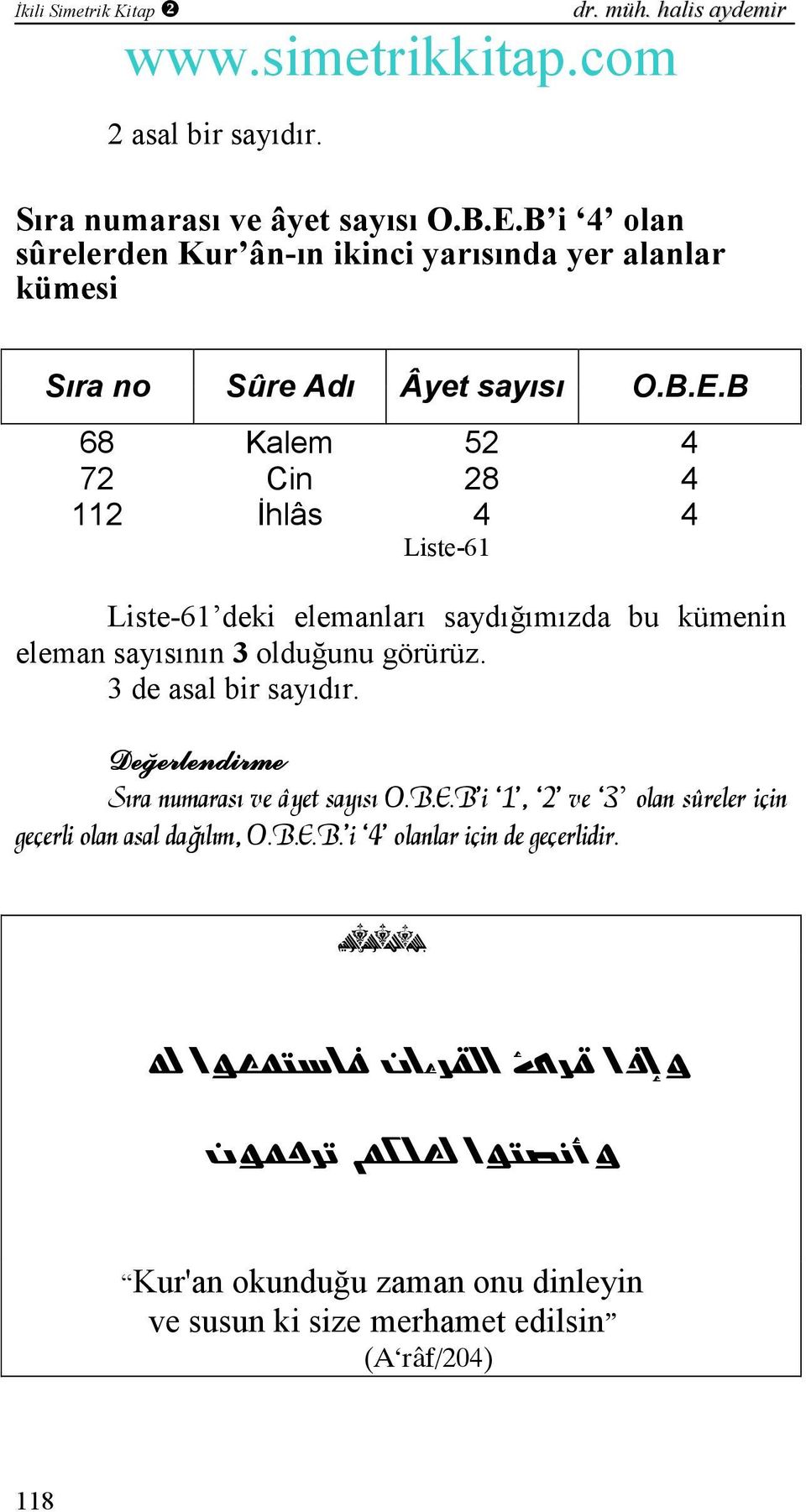 B 68 Kalem 52 4 72 Cin 28 4 112 İhlâs 4 4 Liste-61 Liste-61 deki elemanları saydığımızda bu kümenin eleman sayısının 3 olduğunu görürüz.