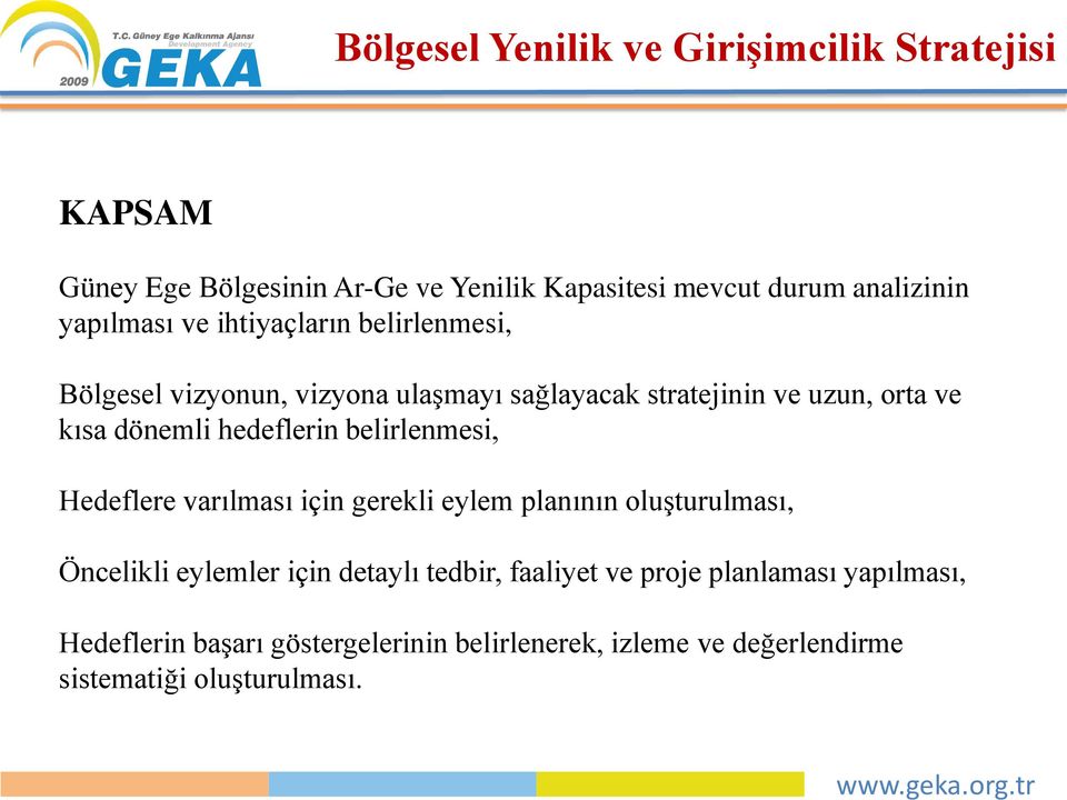 yapılması ve ihtiyaçların belirlenmesi, Bölgesel vizyonun, vizyona ulaşmayı sağlayacak stratejinin ve uzun, orta ve kısa dönemli