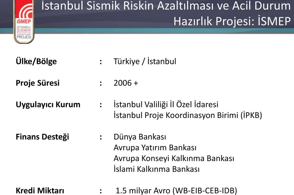 Proje Koordinasyon Birimi (İPKB) Finans Desteği : Dünya Bankası Avrupa Yatırım Bankası Avrupa