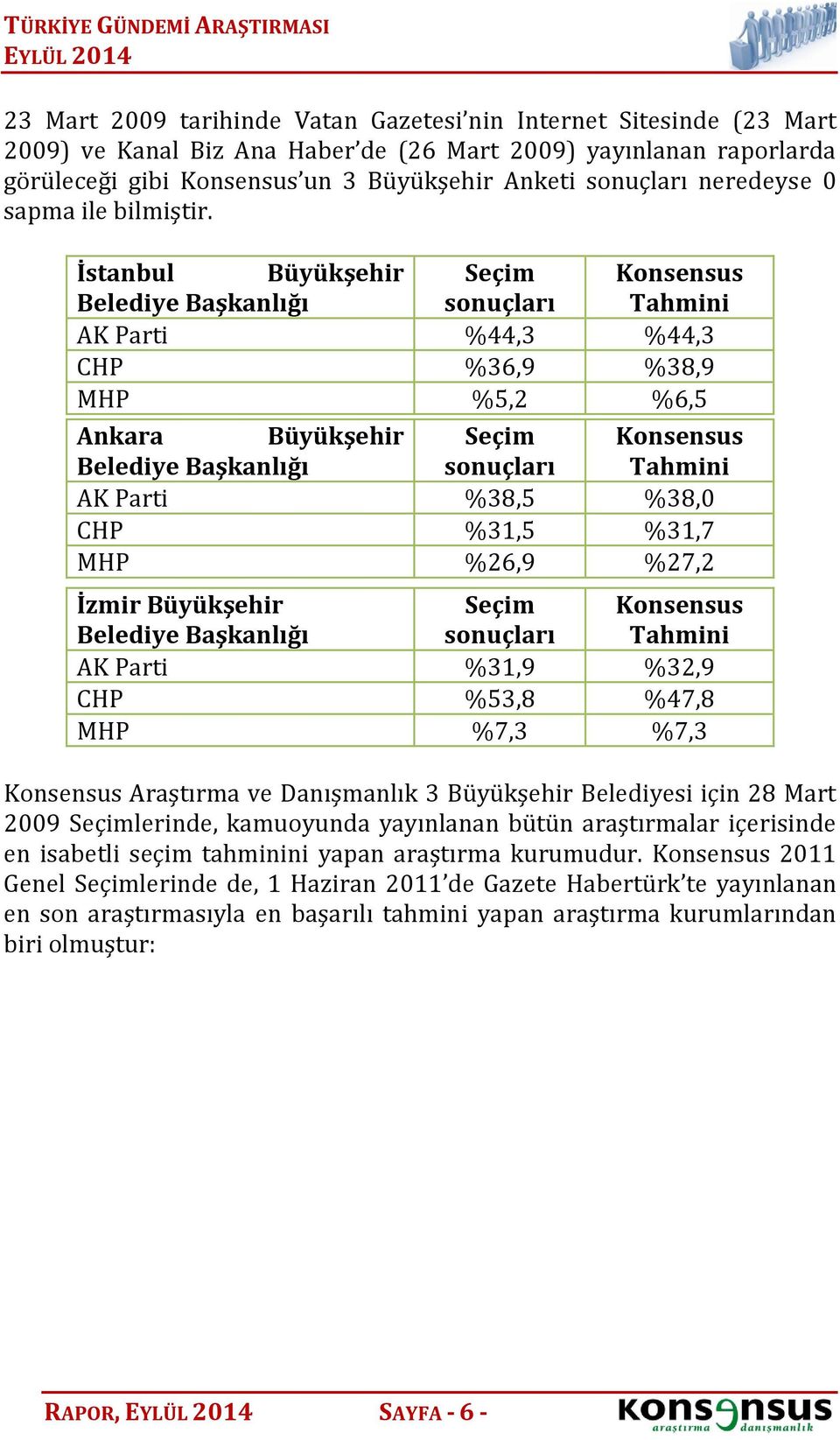 İstanbul Büyükşehir Seçim Konsensus Belediye Başkanlığı sonuçları Tahmini AK Parti %44,3 %44,3 CHP %36,9 %38,9 MHP %5,2 %6,5 Ankara Büyükşehir Seçim Konsensus Belediye Başkanlığı sonuçları Tahmini AK