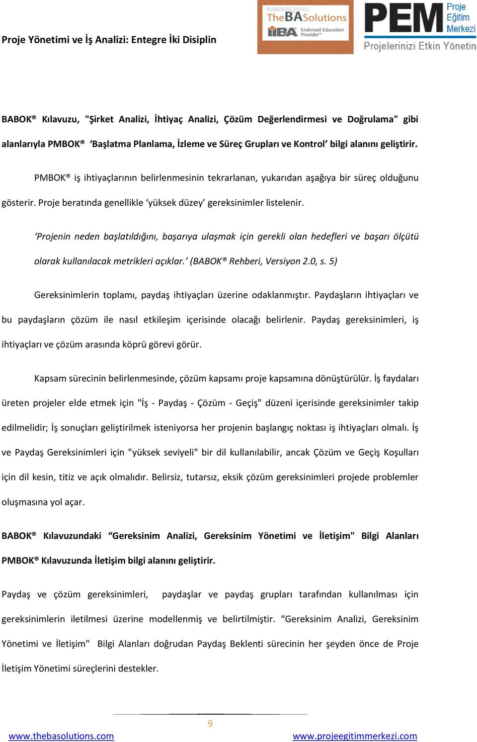 Projenin neden başlatıldığını, başarıya ulaşmak için gerekli olan hedefleri ve başarı ölçütü olarak kullanılacak metrikleri açıklar. (BABOK Rehberi, Versiyon 2.0, s.