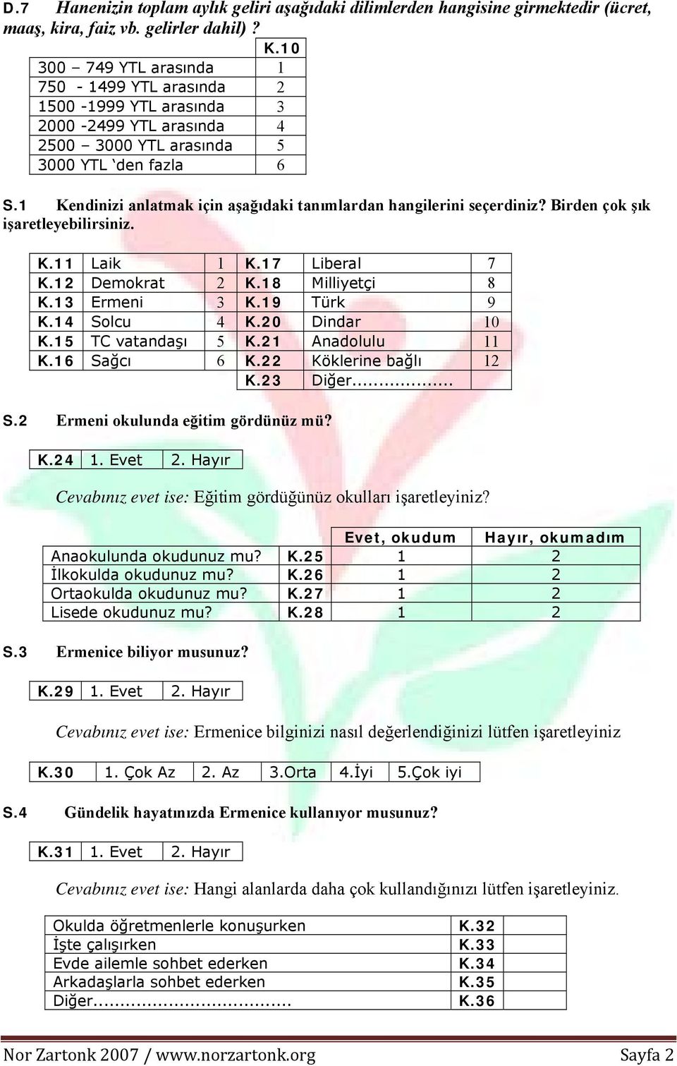 1 Kendinizi anlatmak için aşağıdaki tanımlardan hangilerini seçerdiniz? Birden çok şık işaretleyebilirsiniz. K.11 Laik 1 K.17 Liberal 7 K.12 Demokrat 2 K.18 Milliyetçi 8 K.13 Ermeni 3 K.19 Türk 9 K.