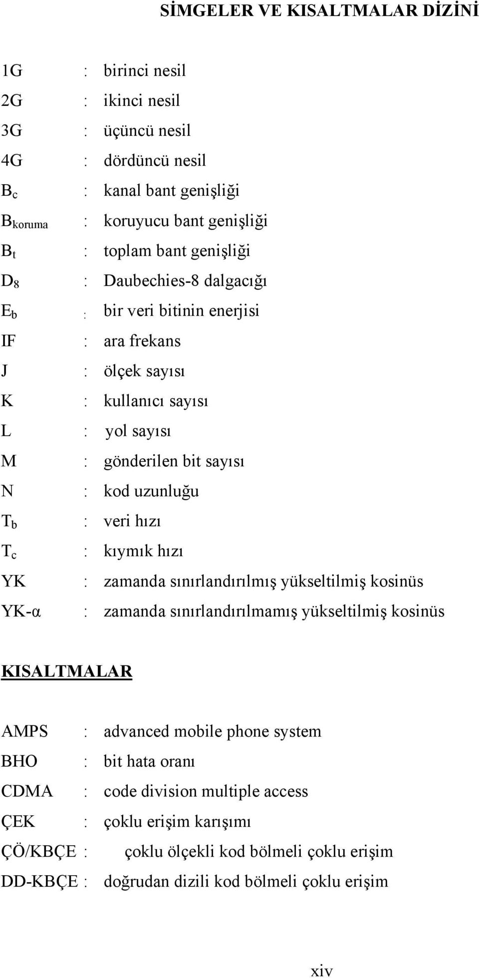 b T c YK YK-α : veri hızı : kıymık hızı : zamanda sınırlandırılmış yükseltilmiş kosinüs : zamanda sınırlandırılmamış yükseltilmiş kosinüs KISALTMALAR AMPS : advanced mobile phone system