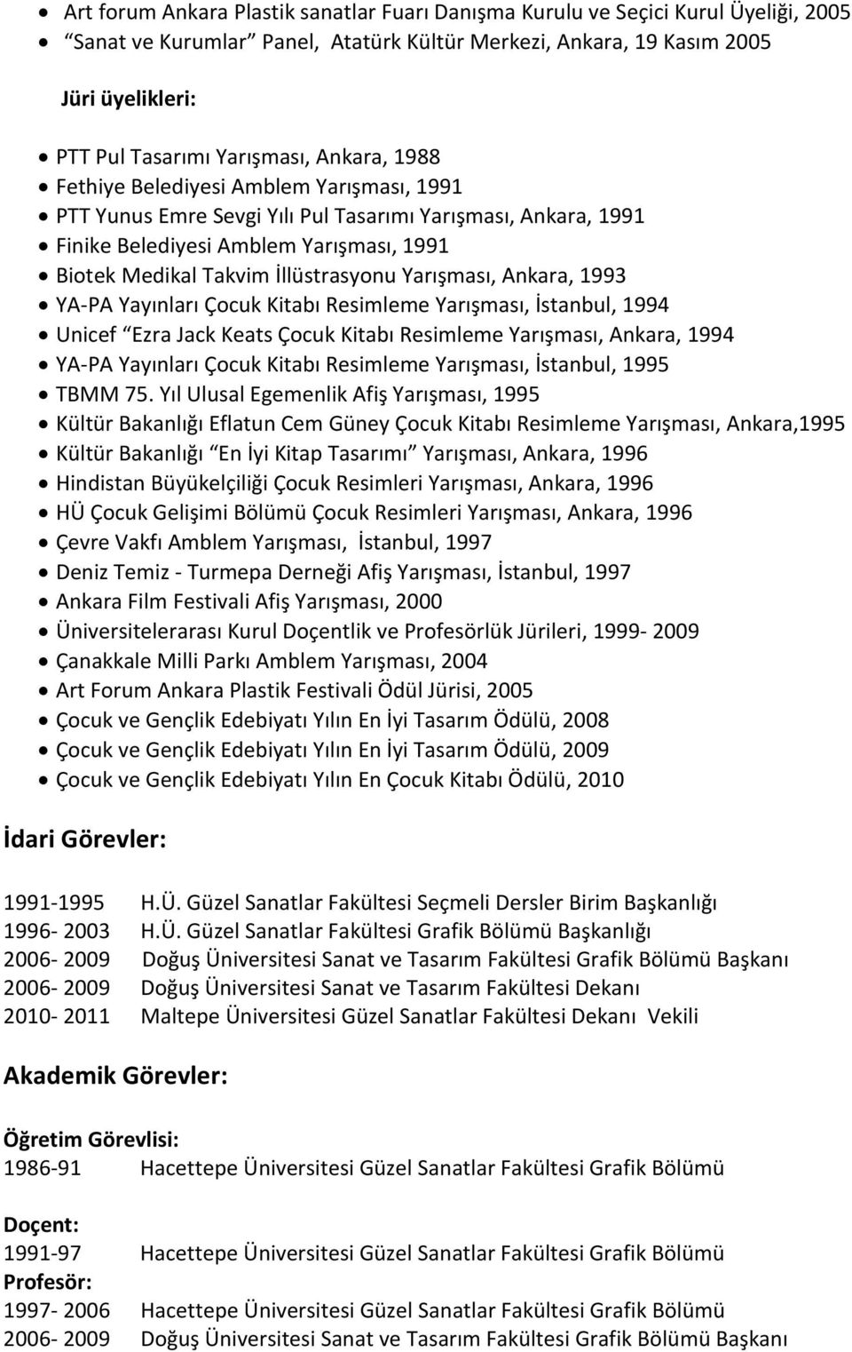 İllüstrasyonu Yarışması, Ankara, 1993 YA-PA Yayınları Çocuk Kitabı Resimleme Yarışması, İstanbul, 1994 Unicef Ezra Jack Keats Çocuk Kitabı Resimleme Yarışması, Ankara, 1994 YA-PA Yayınları Çocuk
