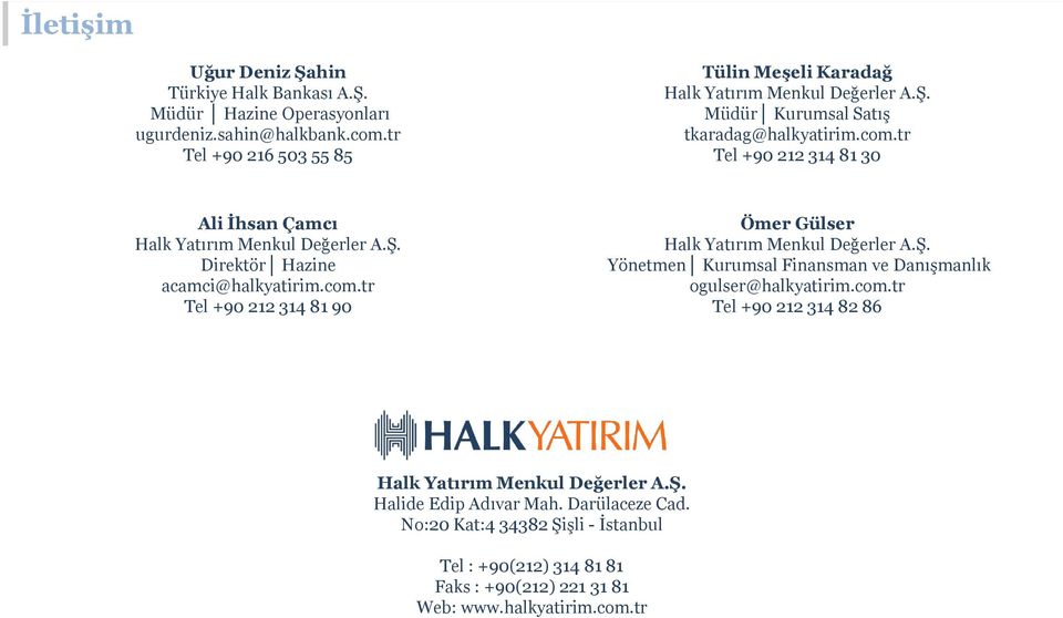 tr Tel +90 212 314 81 30 Ali İhsan Çamcı Halk Yatırım Menkul Değerler A.Ş. Direktör Hazine acamci@halkyatirim.com.