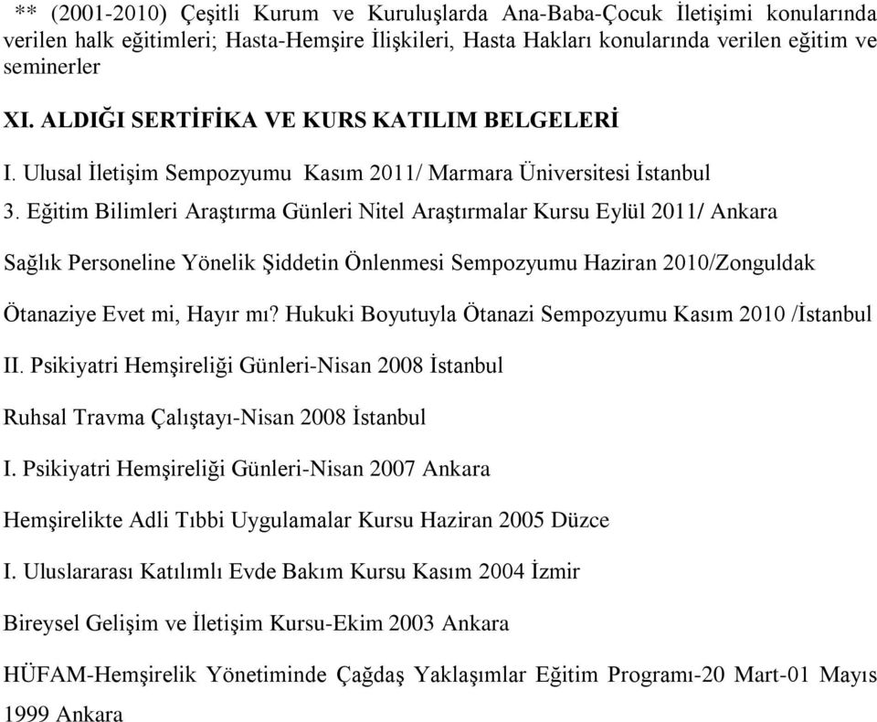 Eğitim Bilimleri Araştırma Günleri Nitel Araştırmalar Kursu Eylül 2011/ Ankara Sağlık Personeline Yönelik Şiddetin Önlenmesi Sempozyumu Haziran 2010/Zonguldak Ötanaziye Evet mi, Hayır mı?