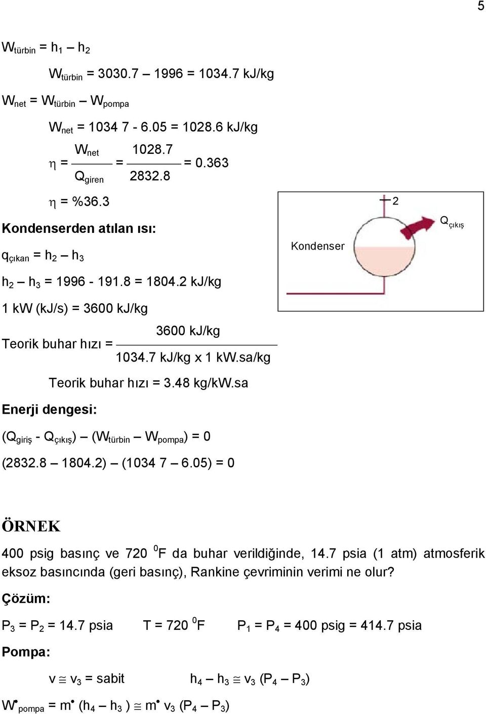 sa Enerji dengesi: (Q giriş - Q çıkış ) (W türbin W pompa ) = 0 (2832.8 1804.2) (1034 7 6.05) = 0 Kondenser Q çıkış ÖRNEK 400 psig basınç ve 720 0 F da buhar verildiğinde, 14.