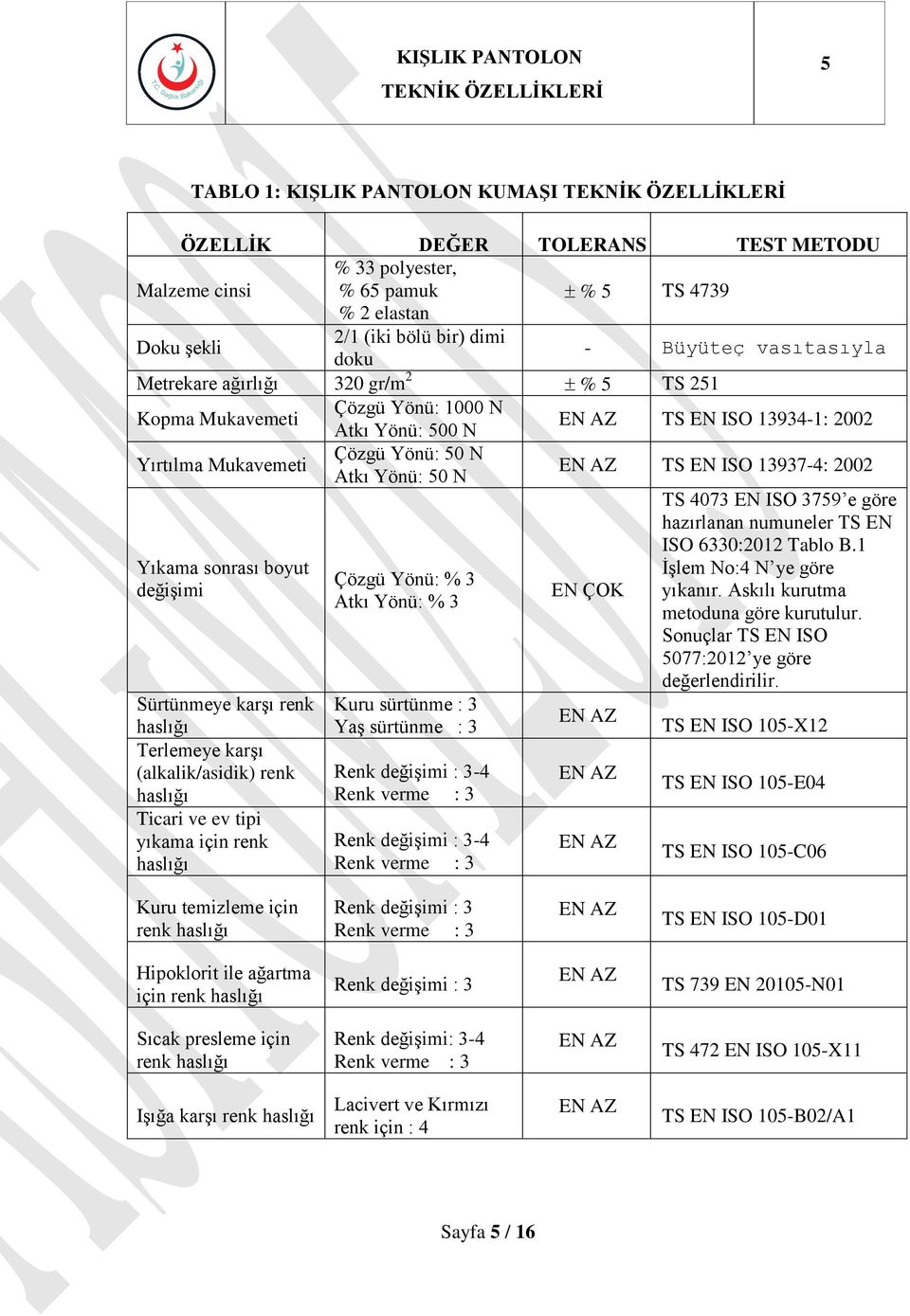 13937-4: 2002 Yıkama sonrası boyut değişimi Sürtünmeye karşı renk haslığı Terlemeye karşı (alkalik/asidik) renk haslığı Ticari ve ev tipi yıkama için renk haslığı Çözgü Yönü: % 3 Atkı Yönü: % 3 Kuru