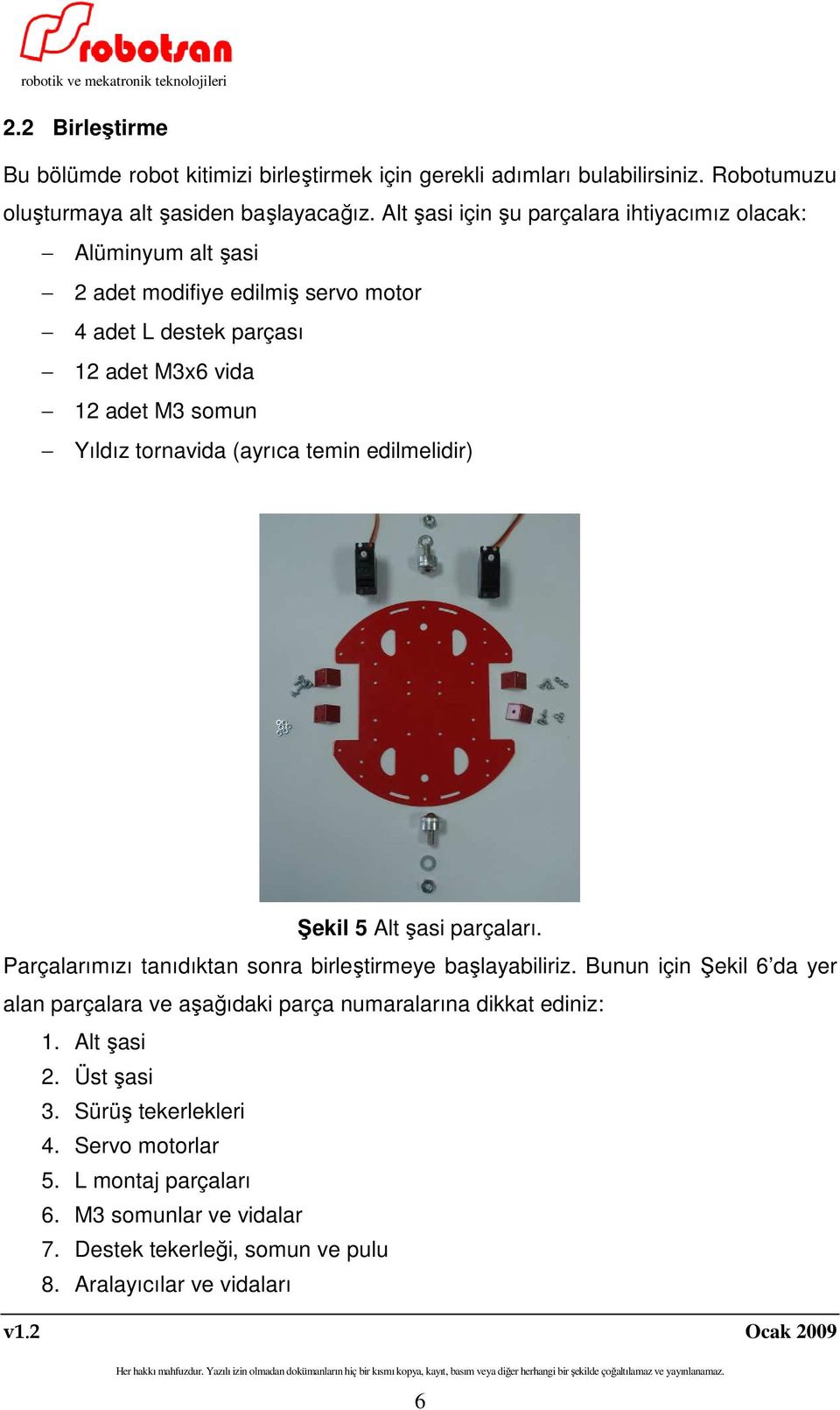 tornavida (ayrıca temin edilmelidir) Şekil 5 Alt şasi parçaları. Parçalarımızı tanıdıktan sonra birleştirmeye başlayabiliriz.