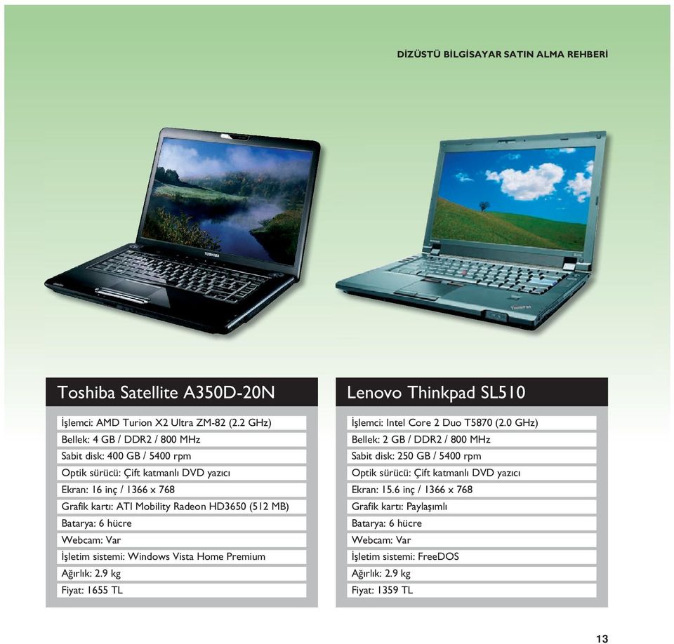 MB) İşletim sistemi: Windows Vista Home Premium Ağırlık: 2.9 kg Fiyat: 1655 TL Lenovo Thinkpad SL510 İşlemci: Intel Core 2 Duo T5870 (2.