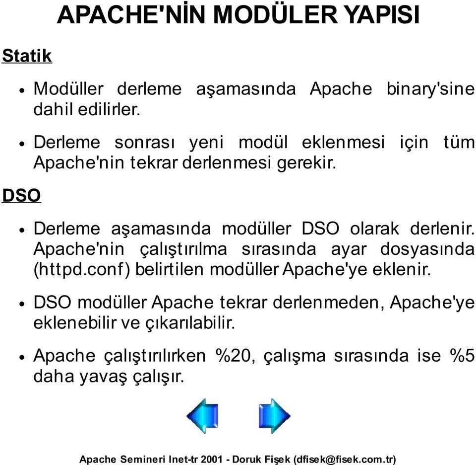 Derleme aşamasında modüller DSO olarak derlenir. Apache'nin çalıştırılma sırasında ayar dosyasında (httpd.