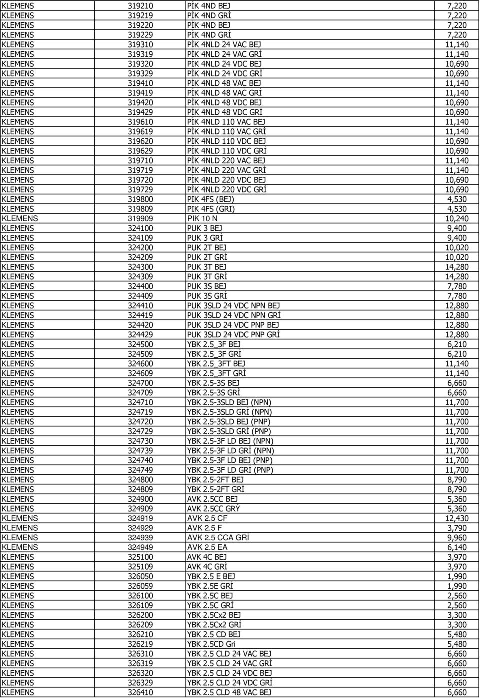 319420 PİK 4NLD 48 VDC BEJ 10,690 KLEMENS 319429 PİK 4NLD 48 VDC GRİ 10,690 KLEMENS 319610 PİK 4NLD 110 VAC BEJ 11,140 KLEMENS 319619 PİK 4NLD 110 VAC GRİ 11,140 KLEMENS 319620 PİK 4NLD 110 VDC BEJ