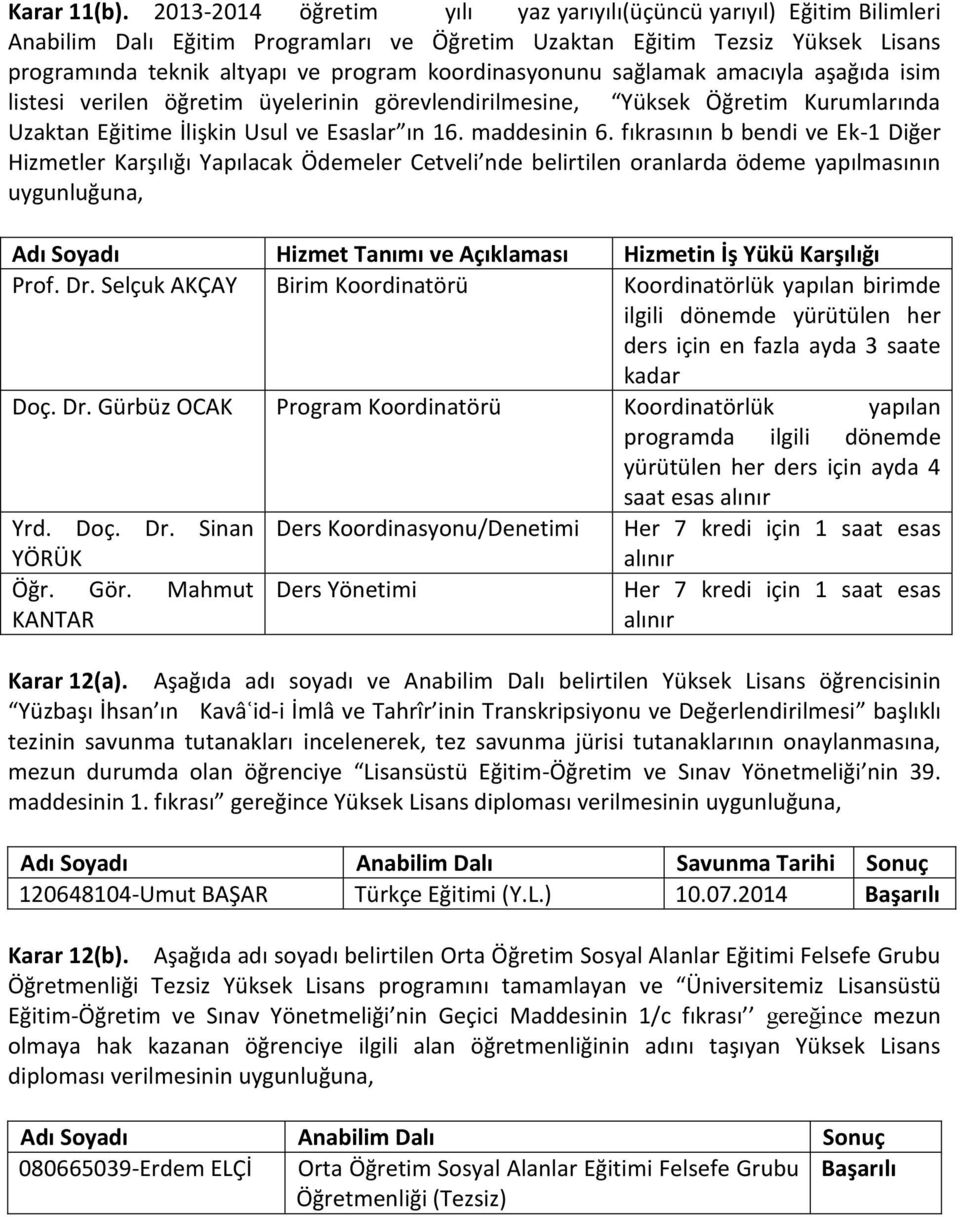 sağlamak amacıyla aşağıda isim listesi verilen öğretim üyelerinin görevlendirilmesine, Yüksek Öğretim Kurumlarında Uzaktan Eğitime İlişkin Usul ve Esaslar ın 16. maddesinin 6.