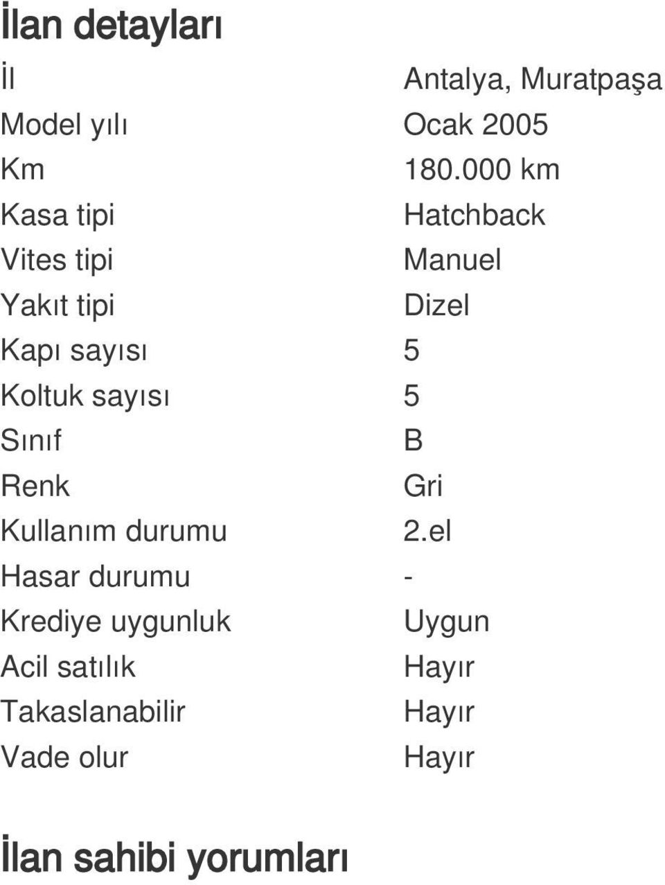 Koltuk sayısı 5 Sınıf B Renk Gri Kullanım durumu 2.