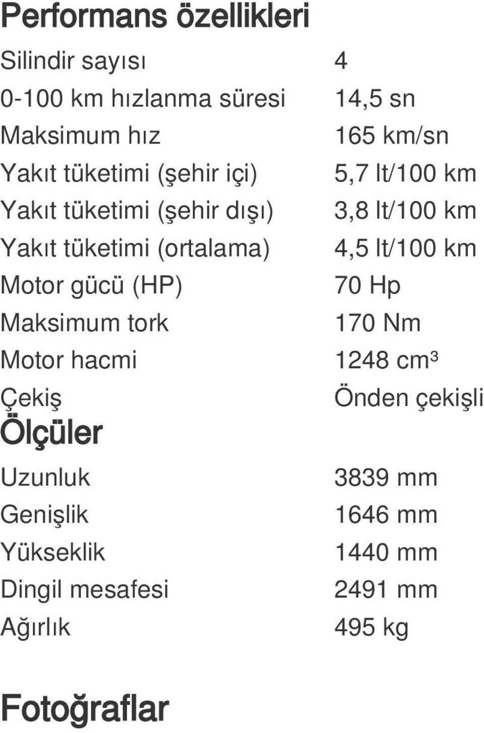 4,5 lt/100 km Motor gücü (HP) 70 Hp Maksimum tork 170 Nm Motor hacmi 1248 cm³ Çekiş Ölçüler Uzunluk