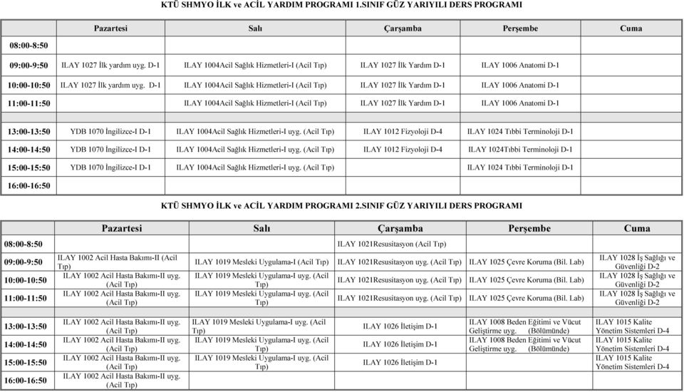 D-1 ILAY 1004Acil Sağlık Hizmetleri-I (Acil ILAY 1027 İlk Yardım D-1 ILAY 1006 Anatomi D-1 11:00-11:50 ILAY 1004Acil Sağlık Hizmetleri-I (Acil ILAY 1027 İlk Yardım D-1 ILAY 1006 Anatomi D-1