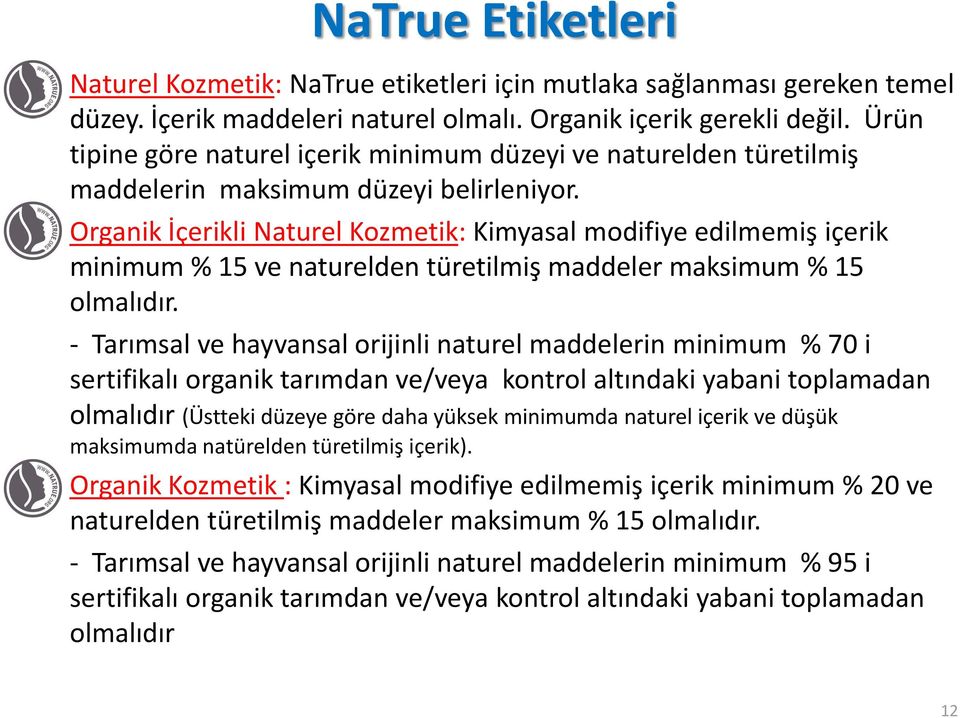Organik İçerikli Naturel Kozmetik: Kimyasal modifiye edilmemiş içerik minimum % 15 ve naturelden türetilmiş maddeler maksimum % 15 olmalıdır.