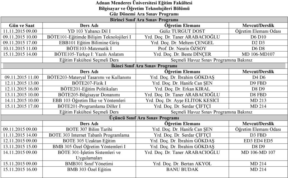 11.2015 11.00 BÖTE103-Matematik I Prof. Dr. Nesrin ÖZSOY D6 D8 15.11.2015 14.00 BÖTE105-Türkçe I: Yazılı Anlatım Yrd. Doç. Dr. Beste DİNÇER MD 106-MD107 Eğitim Fakültesi Seçmeli Ders İkinci Sınıf Ara Sınav Programı Ders Adı Mevcut/Derslik 09.