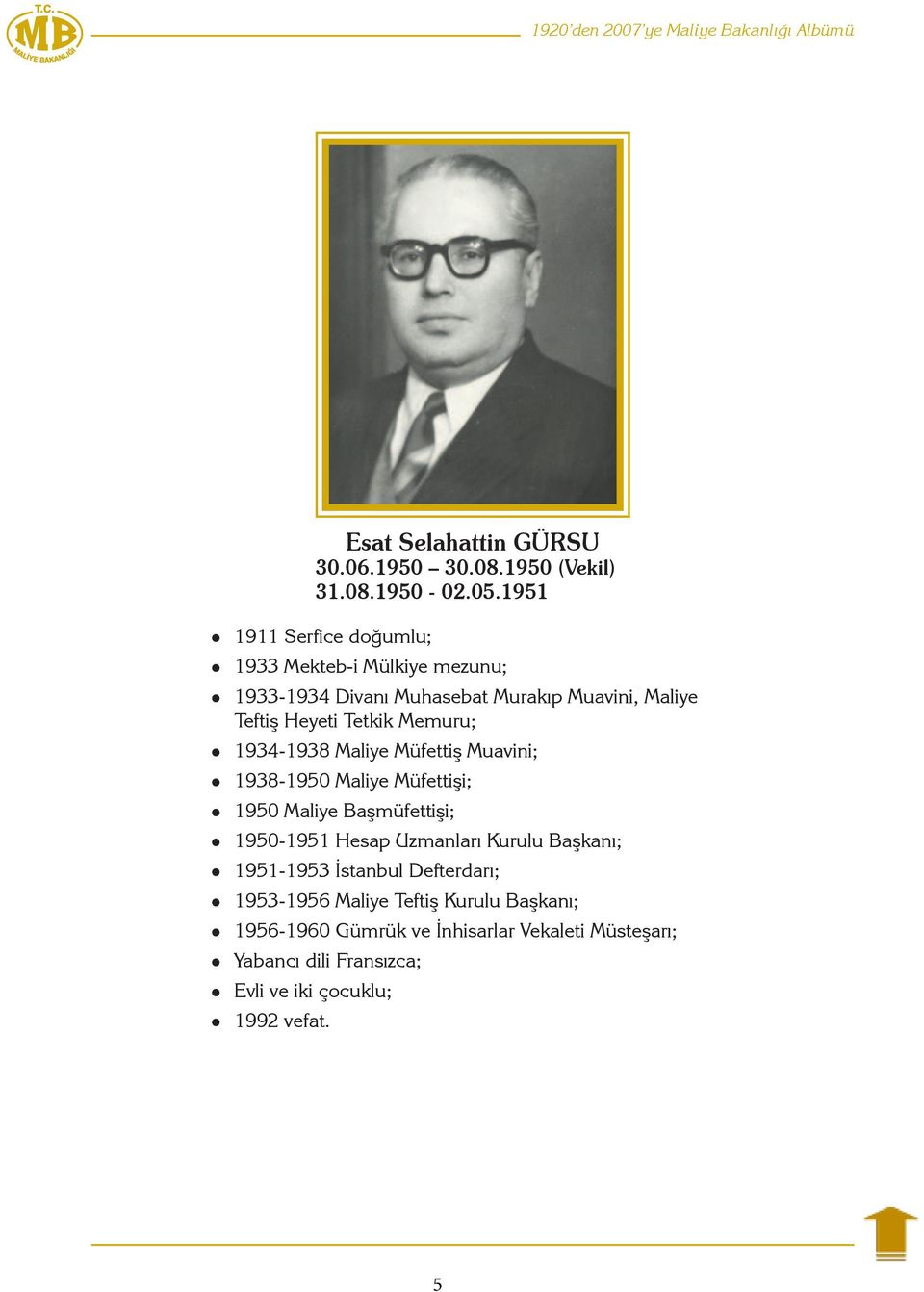 1934-1938 Maliye Müfettiş Muavini; 1938-1950 Maliye Müfettişi; 1950 Maliye Başmüfettişi; 1950-1951 Hesap Uzmanları Kurulu Başkanı;