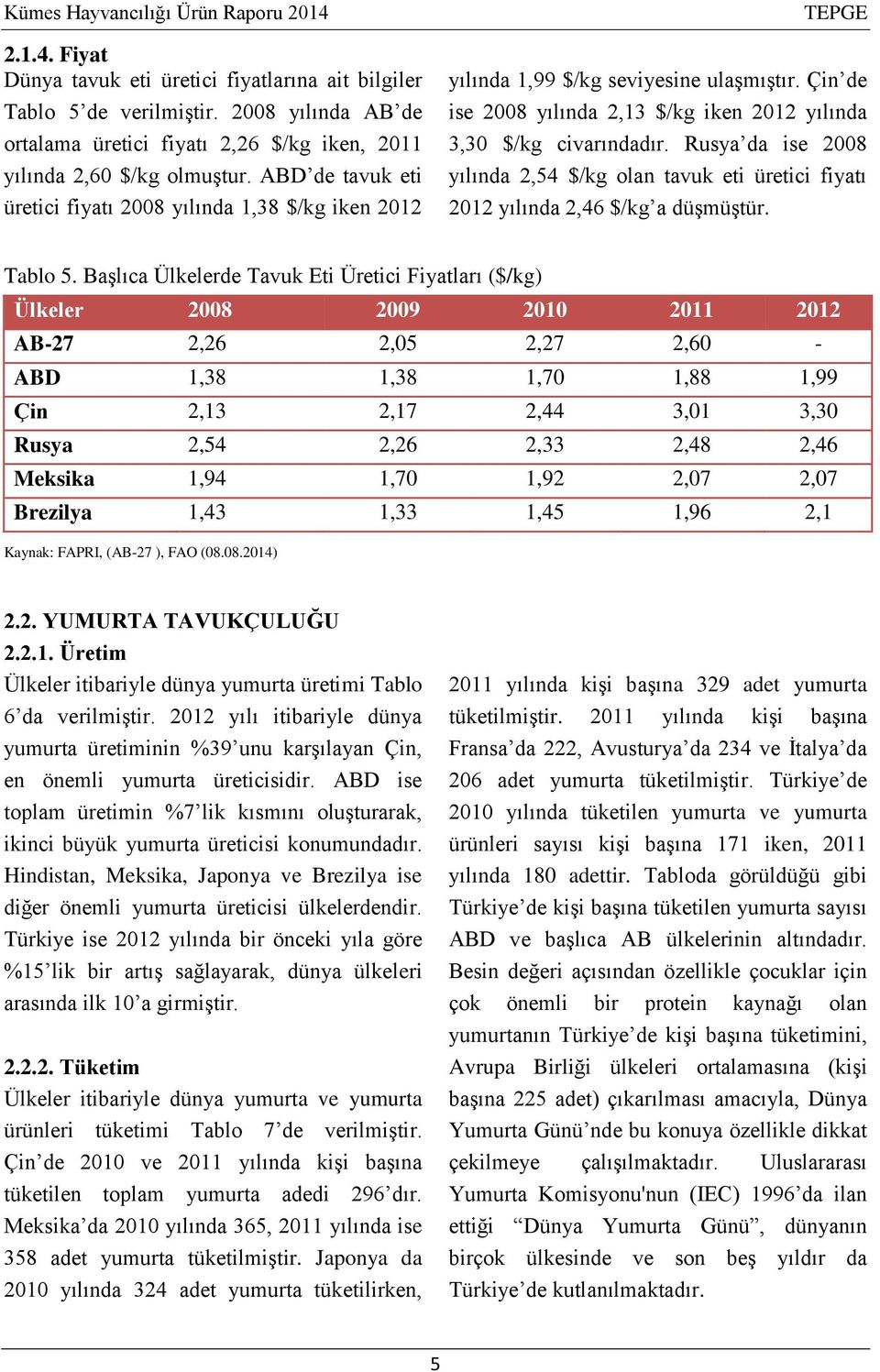 Rusya da ise 2008 yılında 2,54 $/kg olan tavuk eti üretici fiyatı 2012 yılında 2,46 $/kg a düşmüştür. Tablo 5.