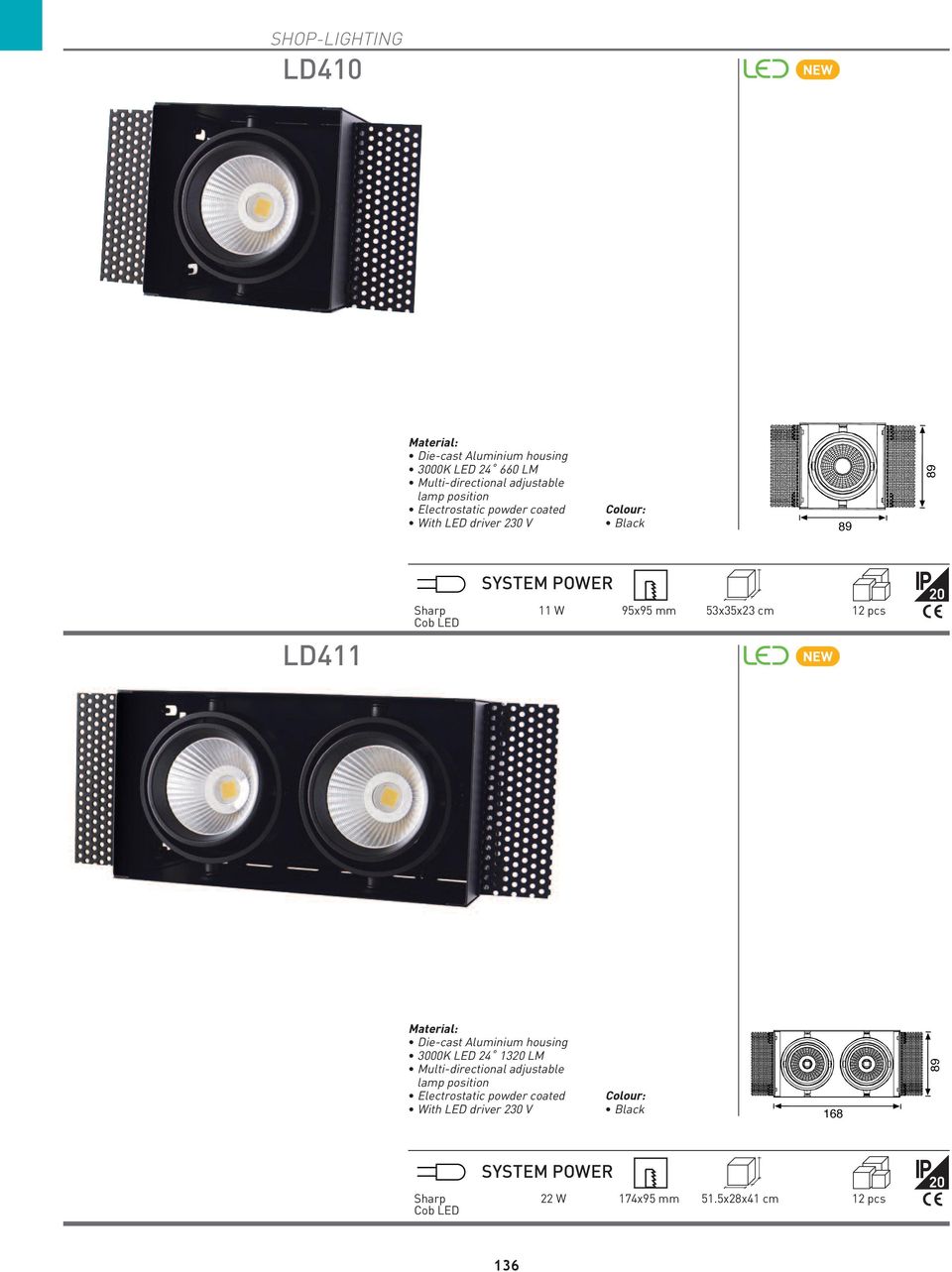 53x35x23 cm 12 pcs Cob LED NE 3000K LED 24 1320 LM 230 V LED trafolu Die-cast Aluminium housing